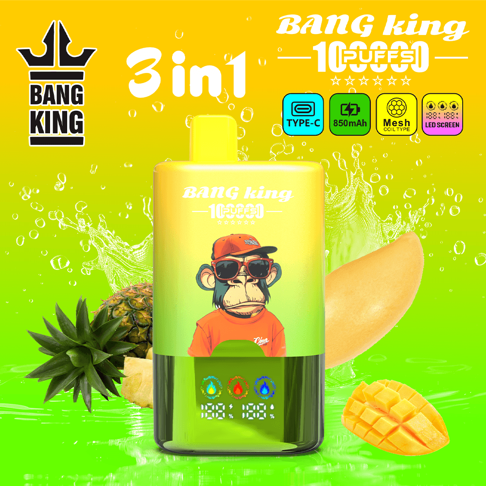 Bright yellow-green promotional bottle labeled Bang King 3 in 1 with a cartoon monkey wearing sunglasses, pineapple and mango background, and tech icons at top.