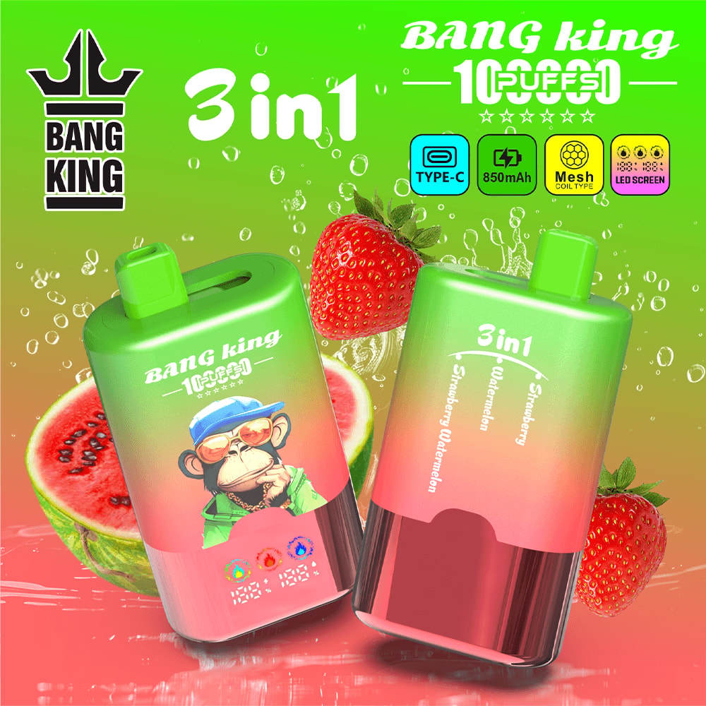 Bright green background with two colorful 3in1 Bang King bottles, strawberry and watermelon motifs, and a monkey mascot on one bottle.