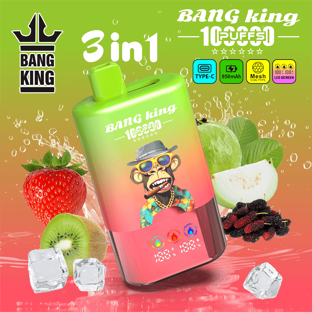 Bright green-to-pink gradient beverage can labeled Bang King 108PESO with fruit elements (strawberry, kiwi, melon) and ice cubes around; brand logo on left, 3 in 1 and flavor icons at top.