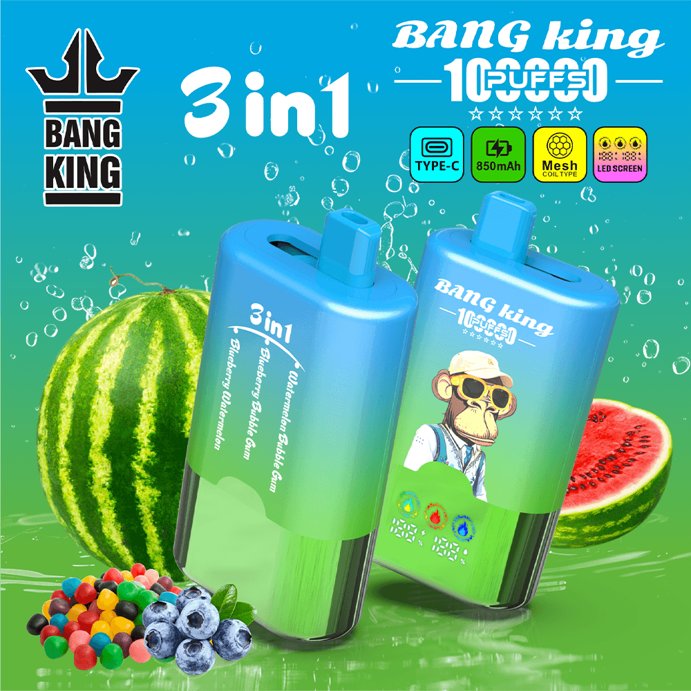Bright blue-green advertisement for Bang King 3in1 device with watermelon, berries, two blue bottles, cartoon monkey, and bubbles in a tropical gradient.