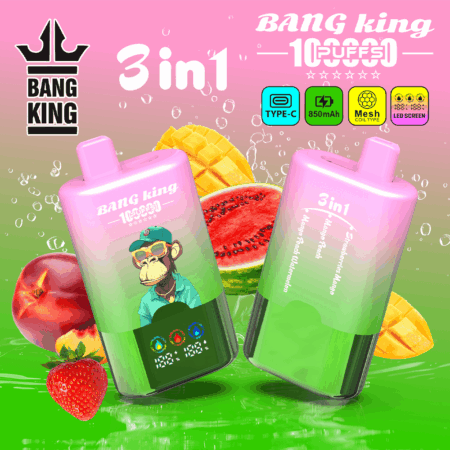 Fondo degradado de rosa brillante a verde con dos botellas Bang King 3 en 1 rosa y verde, rodajas de fruta (sandía, mango, fresa), burbujas y el logotipo de un mono; texto en negrita “3 en 1” e íconos de funciones.