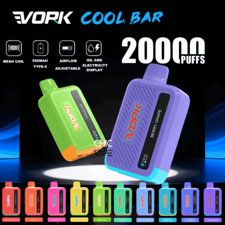 Bright display of VORK Cool Bar vape devices; large purple and green bars with 2000 puffs, 550mAh, mesh coil, adjustable airflow, and oil/electricity display; multiple colorful mini bars lined up at bottom.