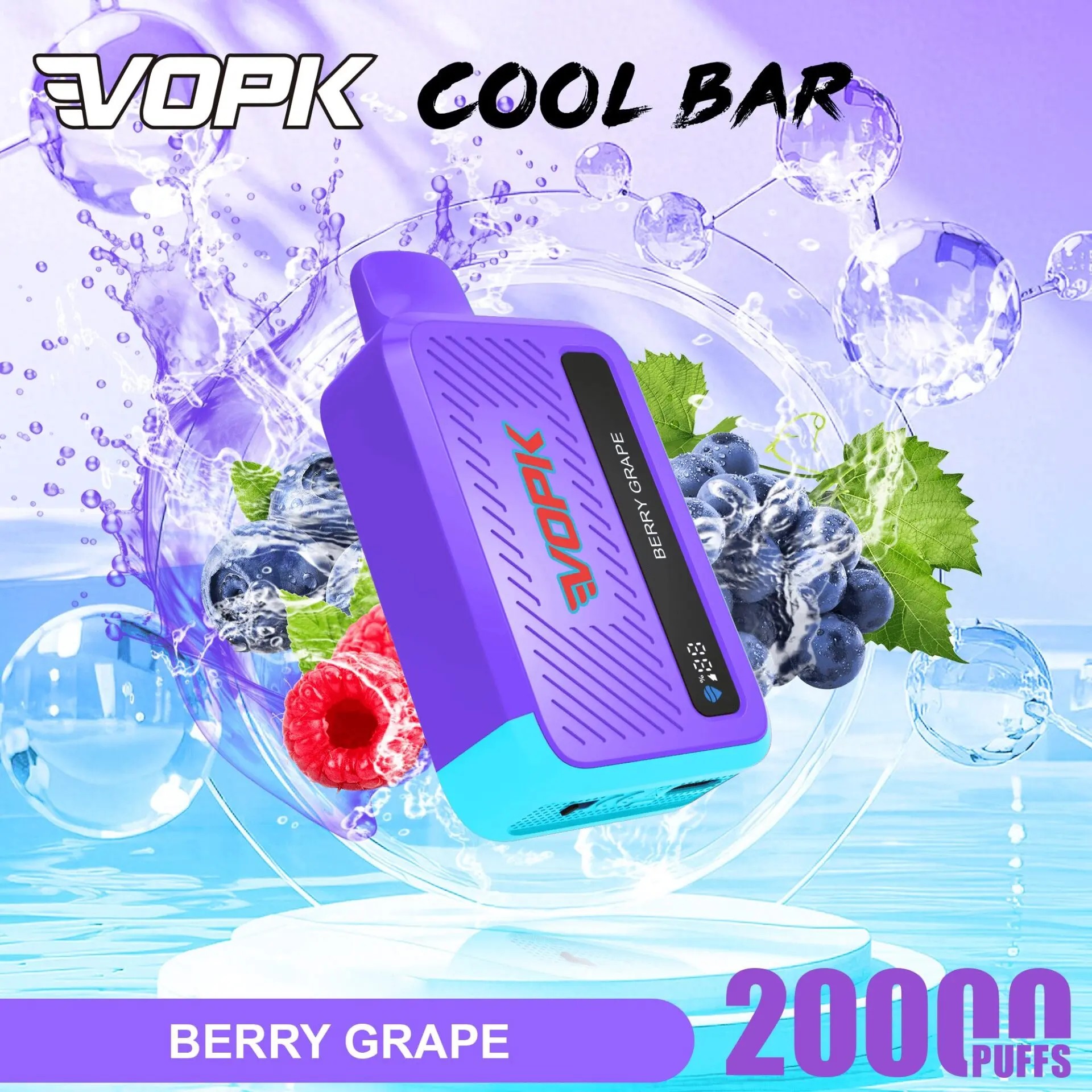 Berry Grape flavor e-cigarette vaporizer with purple body, blue base, surrounded by berries and splash background, 2000 puffs label.
