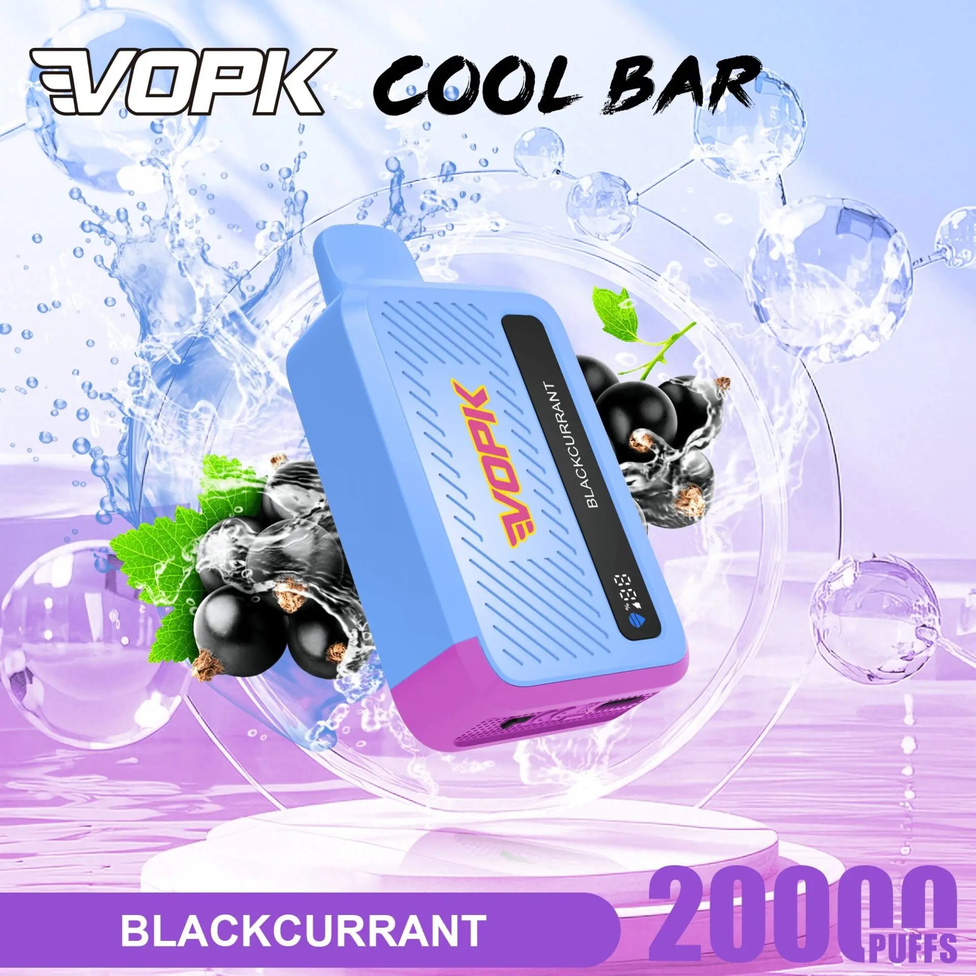 VOPK Cool Bar device in blue and purple with Blackcurrant flavor, surrounded by berries and green leaves, splashy water background, 2000 puffs label at bottom.