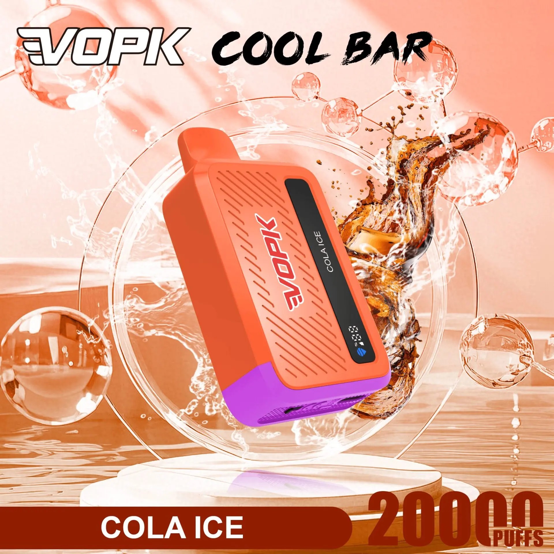Cola ice flavored VOPK pod device in orange with purple bottom, angled, on a glassy abstract background with bubbles and splash graphics, 2000 puffs label.