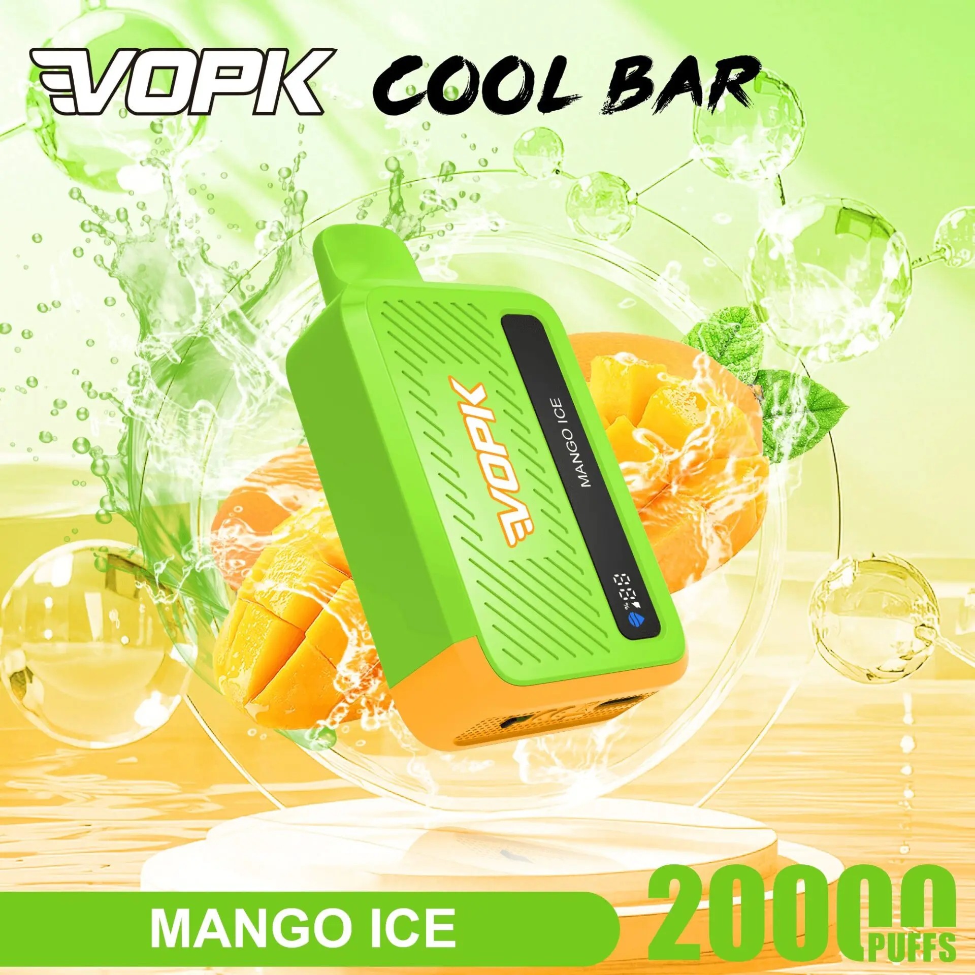 Bright green and orange vape device labeled EVOPK Mango Ice, suspended with lime slices and splashing liquid in a tropical-looking background.