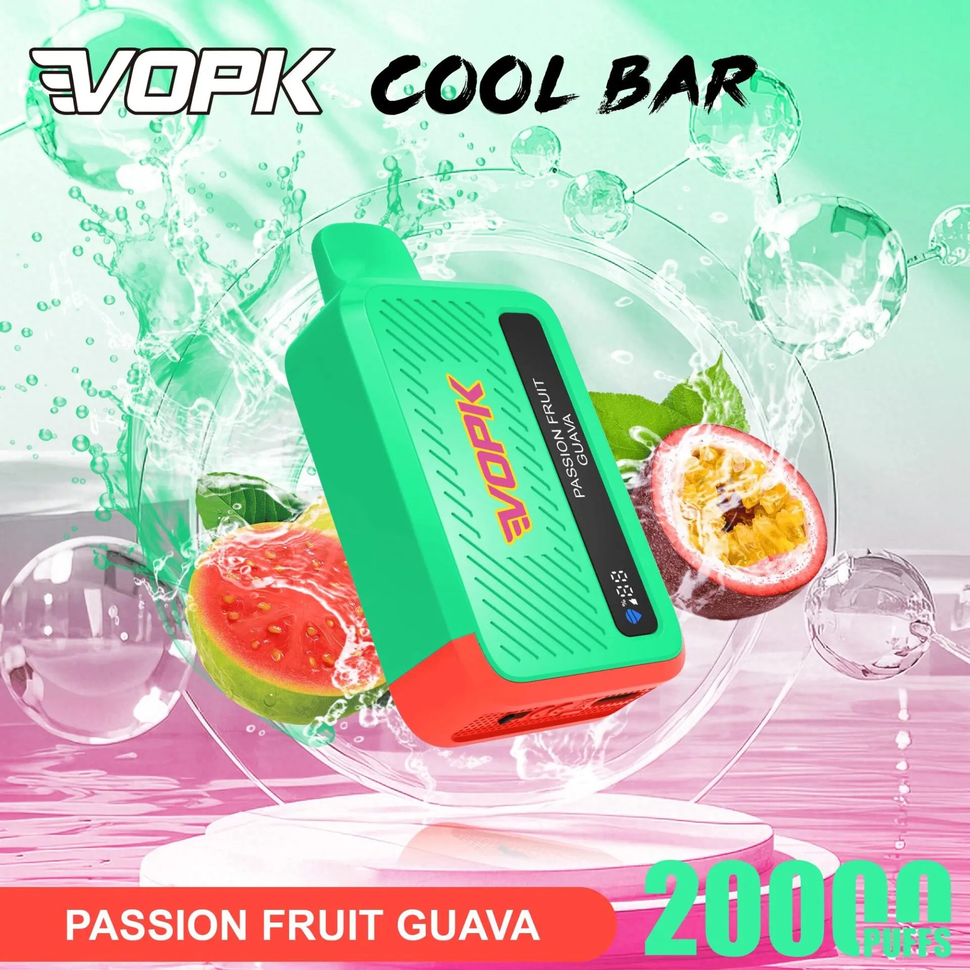 VOPK Cool Bar device in bright teal with red bottom, featuring a vertical label and “Passion Fruit Guava” flavor; splashy fruit graphics in the background.