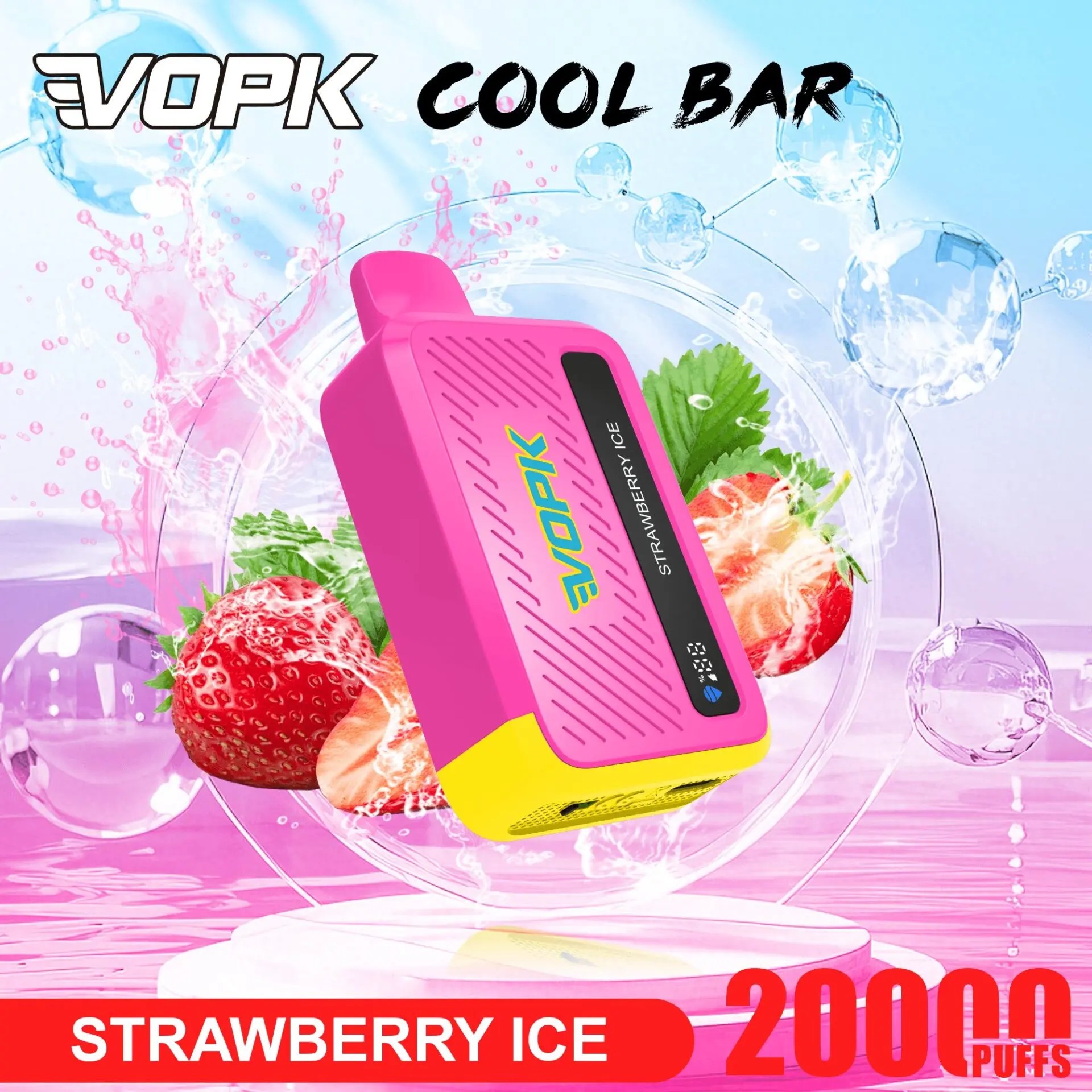 Bright pink VOPK vape device with yellow base, labeled Strawberry Ice, set against a colorful splash background with strawberries and ice bubbles.