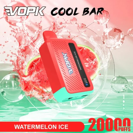 A red and turquoise vaping device labeled VOPK, angled upright with a black display, set against a watermelon splash background; text shows Watermelon Ice and 2000+ puffs.