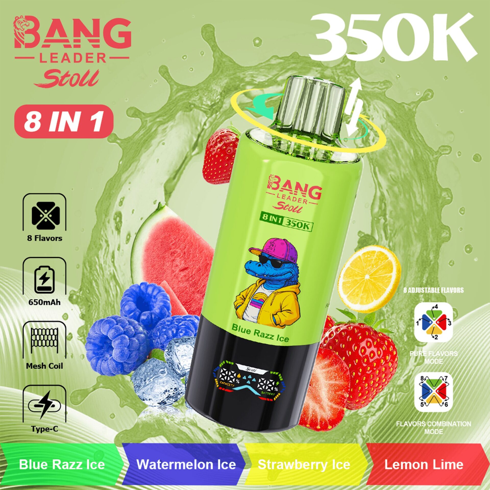 Bouteille vert vif étiquetée Bang Leader Stoll 8 en 1 avec un personnage de dessin animé ludique, entouré de fruits (pastèque, myrtilles, citron, fraise) et fond splash, 350K.