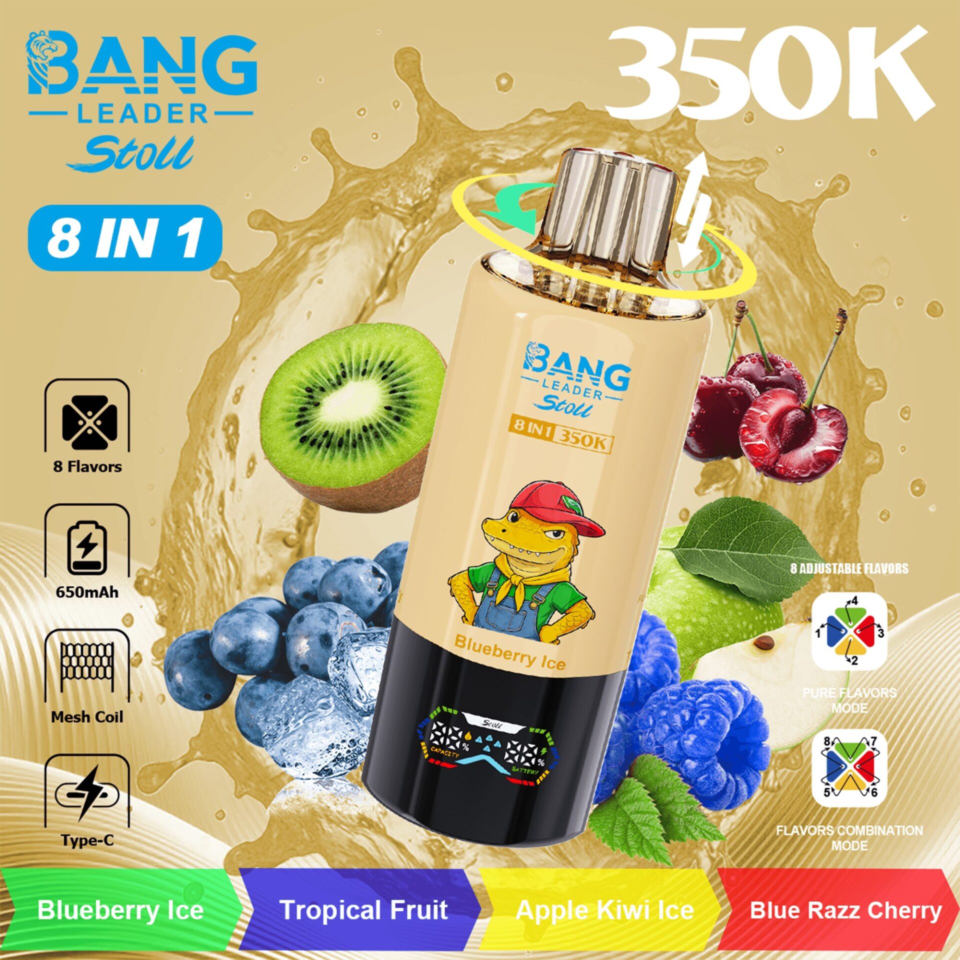 Une bouteille beige étiquetée Bang Leader Stoll 8 in 1 350K avec un alligator de dessin animé portant un chapeau, entouré de kiwis, de cerises, de myrtilles et d'autres fruits.