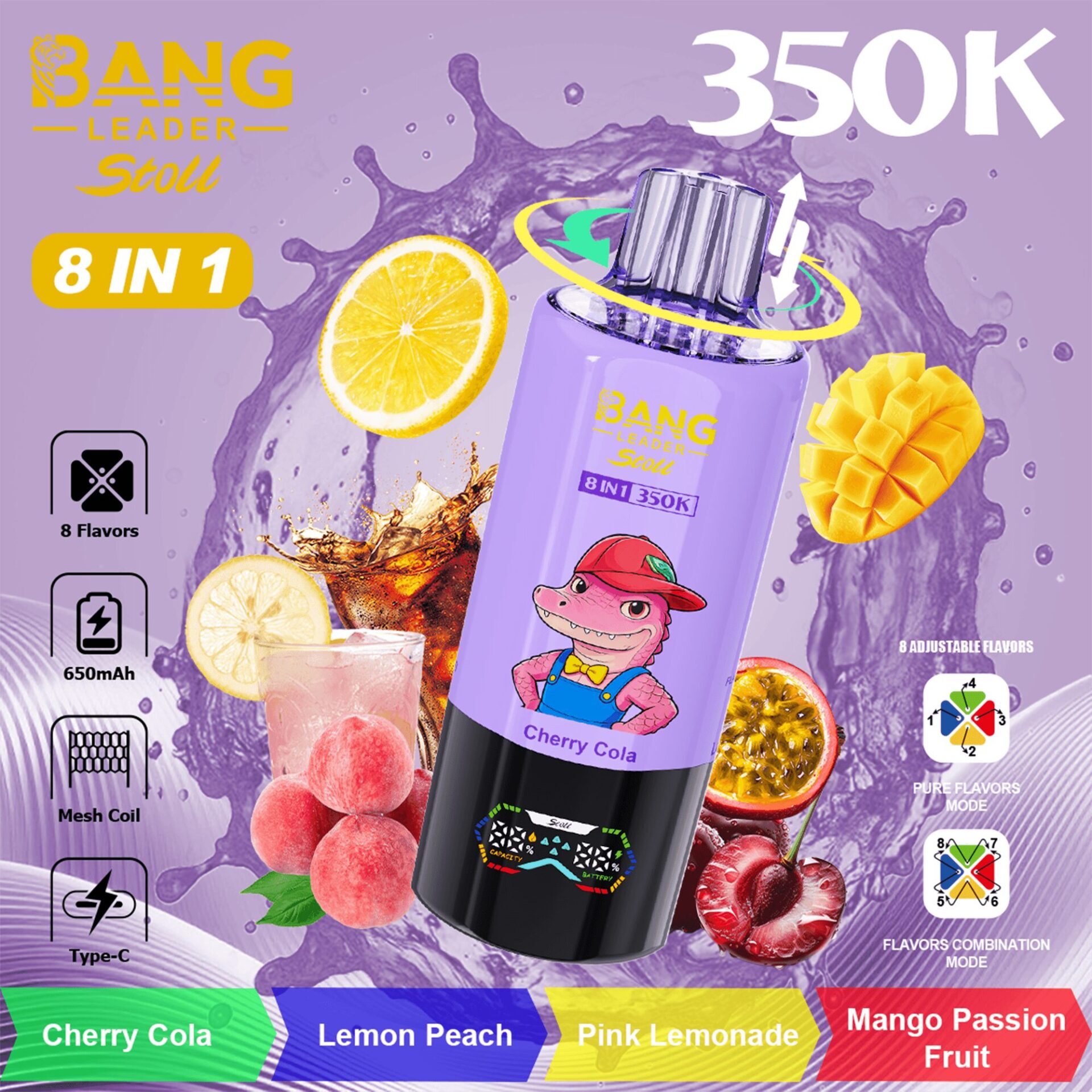 Bouteille Purple Bang Leader Stoll 8 en 1 avec saveur de cola cerise, citron environnant, morceaux de mangue et images de fruits, capacité 350K avec 8 saveurs.