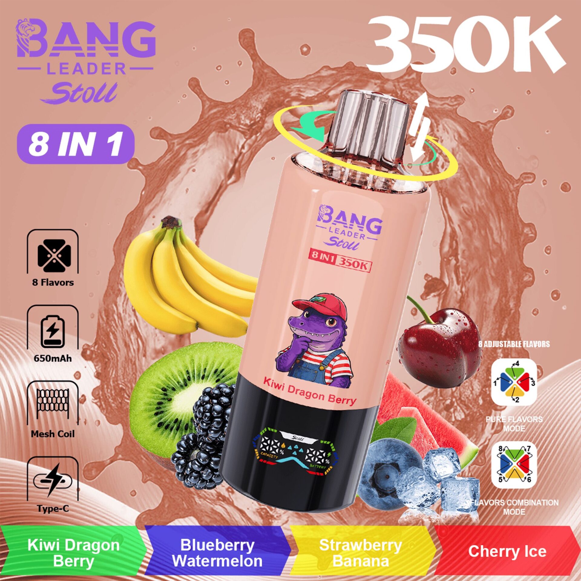 Bouteille de Bang Leader Stoll 8 en 1 à la saveur Kiwi Dragon Berry, entourée de fruits (banane, kiwi, cerises) et fond splash, 650mAh, mettant en valeur les saveurs et les caractéristiques.