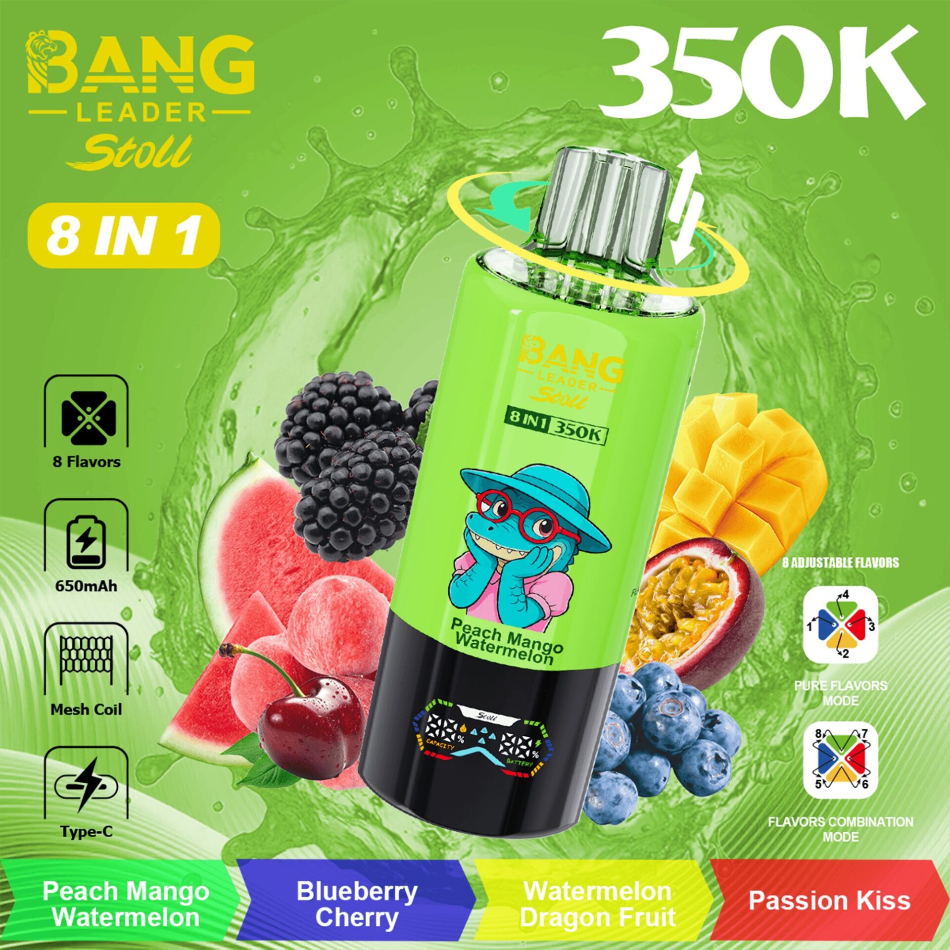 Bouteille vert vif étiquetée 8 en 1 Bang Leader Stoll avec pastèque pêche-mangue; entourée de fruits assortis (pêche-mangue, pastèque, myrtilles, mûres, cerises, mangue) sur un fond vert éclatant; comporte 350K et 8 icônes de saveurs.