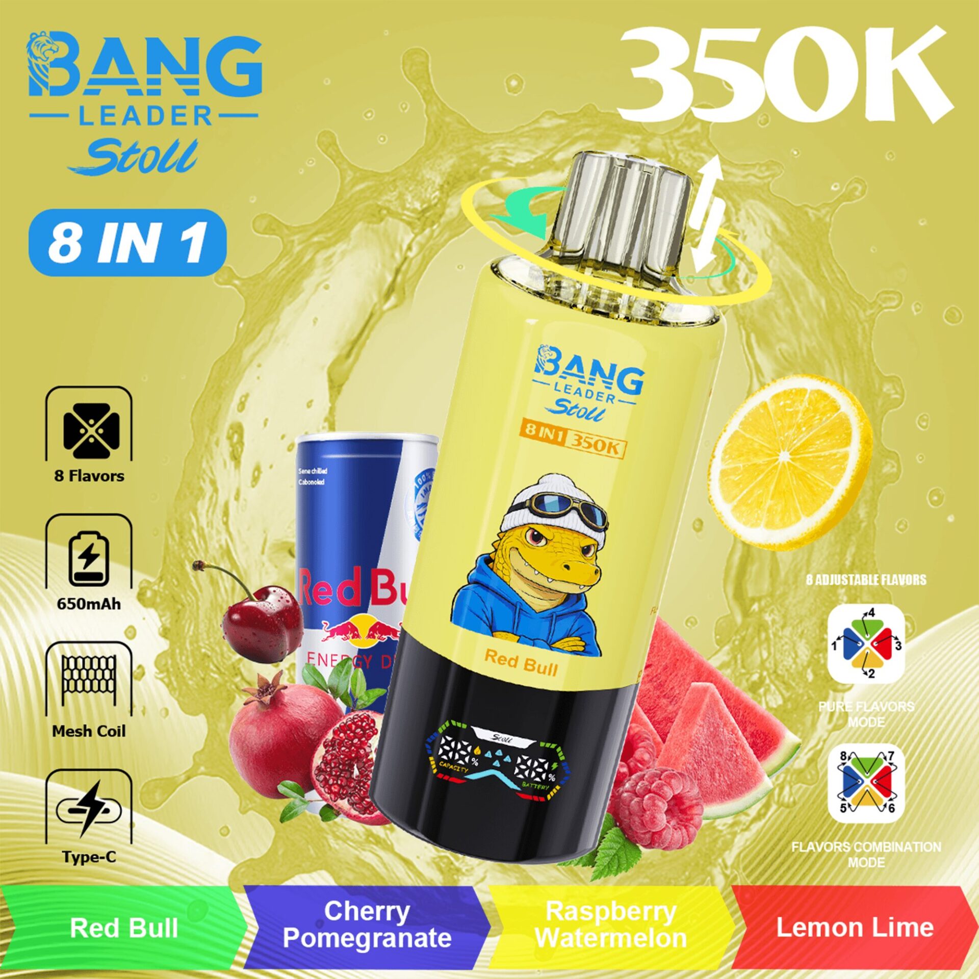 Récipient jaune vif étiqueté Bang Leader Stoll 8 in 1 350K avec canette Red Bull et fruits assortis (tranche d'orange, pastèque, baies) sur un fond éclaboussant ; comprend 8 saveurs et 650 mAh, avec des icônes et une bande de saveur en bas.