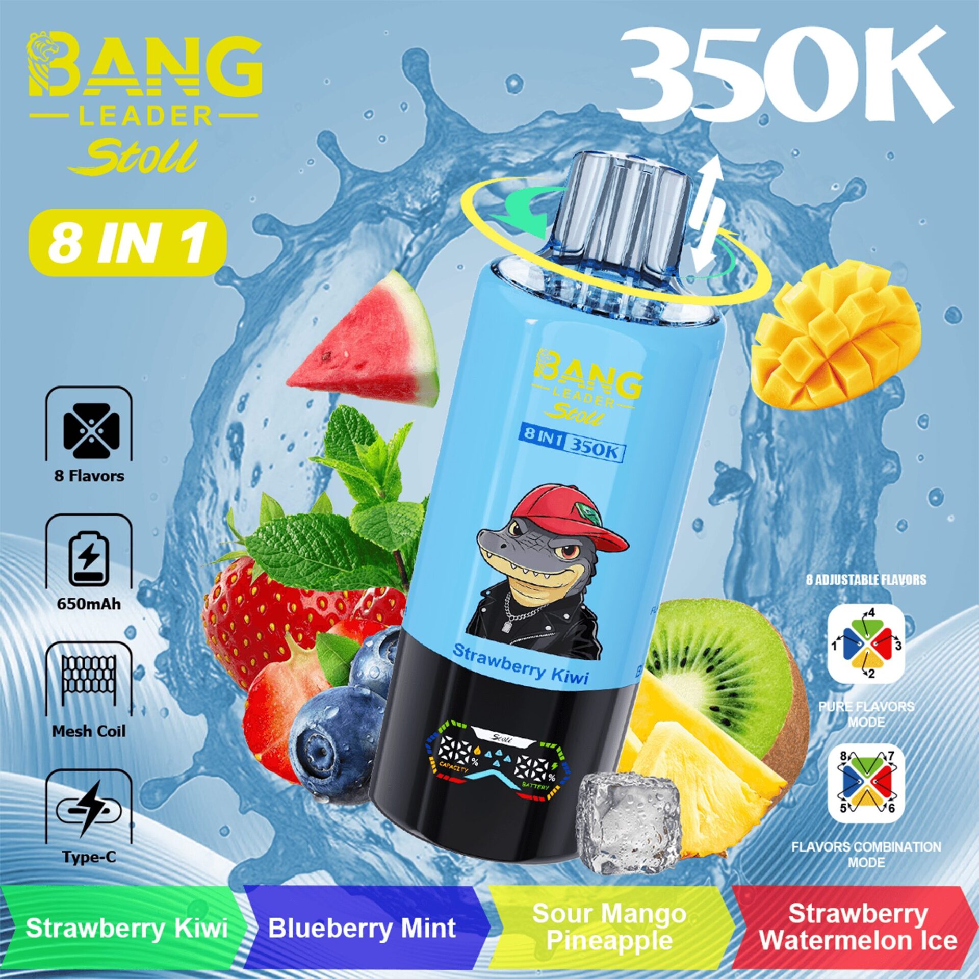 Bouteille bleu vif étiquetée Bang Leader Stoll 8 in 1 350K avec un capuchon de reptile de dessin animé, entouré de pastèque, de mangue, de kiwi et de baies sur un fond éclaboussé;, saveurs répertoriées en bas.