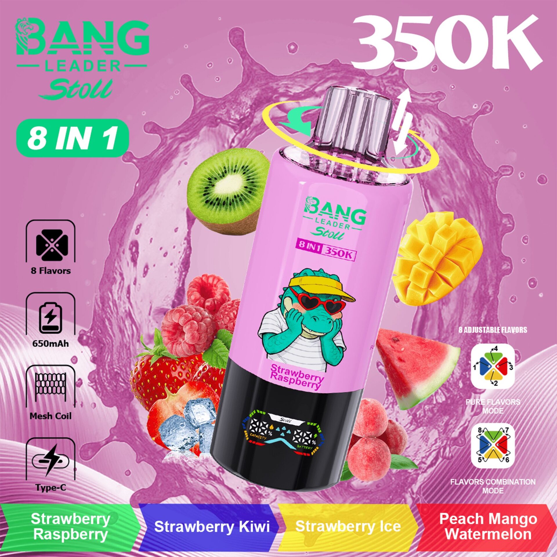 Bouteille rose vif étiquetée Bang Leader Stoll 8 en 1 avec une grenouille de dessin animé colorée, entourée de kiwi, de mangue, de baies, de pastèque et de glace; texte promotionnel 350K et 8 saveurs.