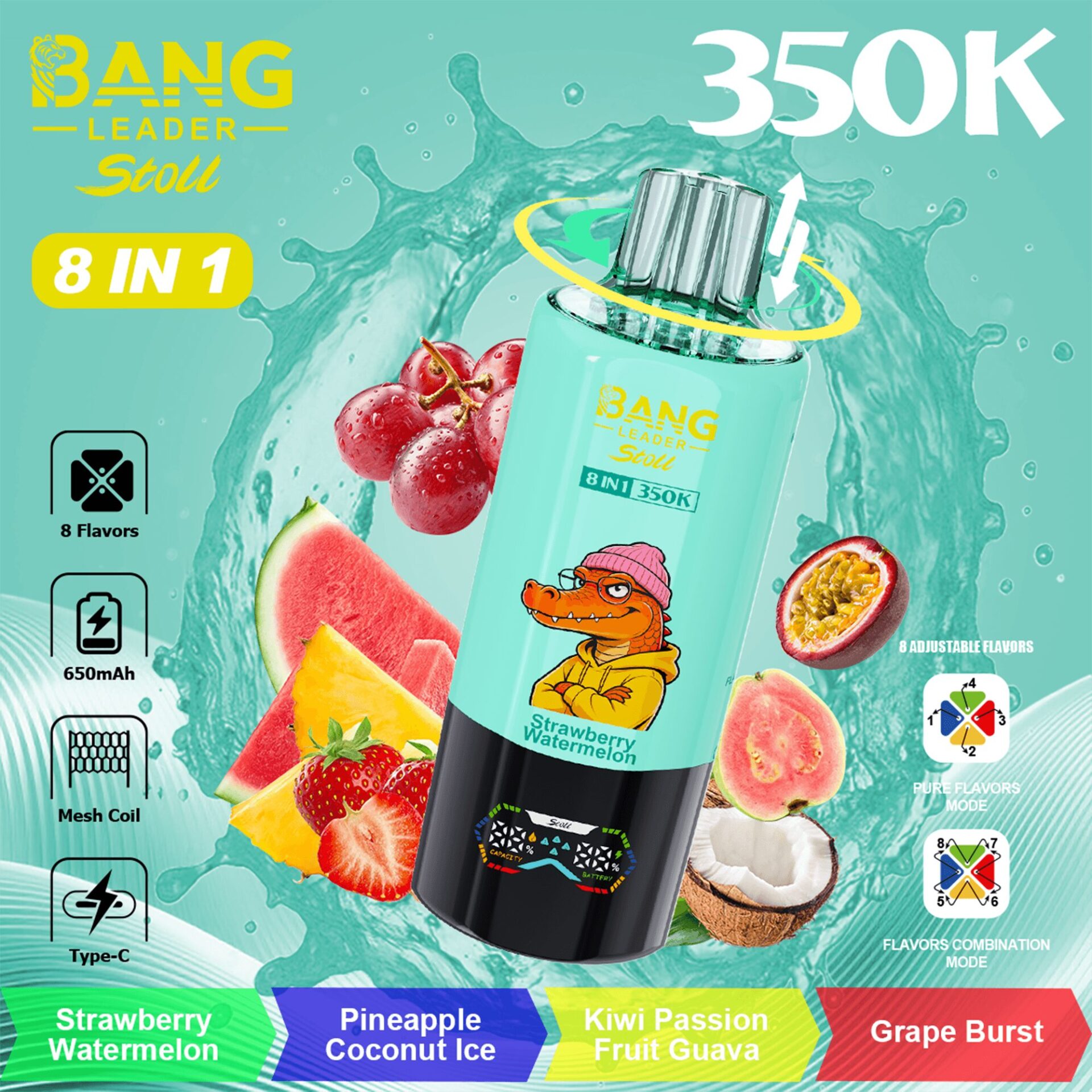 Récipient turquoise vif de boisson énergisante BANG Leader Stoit 8 en 1 avec un alligator de dessin animé portant un chapeau rose, entouré de saveurs de fruits mélangés comme la pastèque à la fraise, la glace à l'ananas et à la noix de coco, la goyave au fruit de la passion kiwi et l'éclat de raisin; présente 350K, 8 saveurs, 650mAh et des détails de bobine en maille.