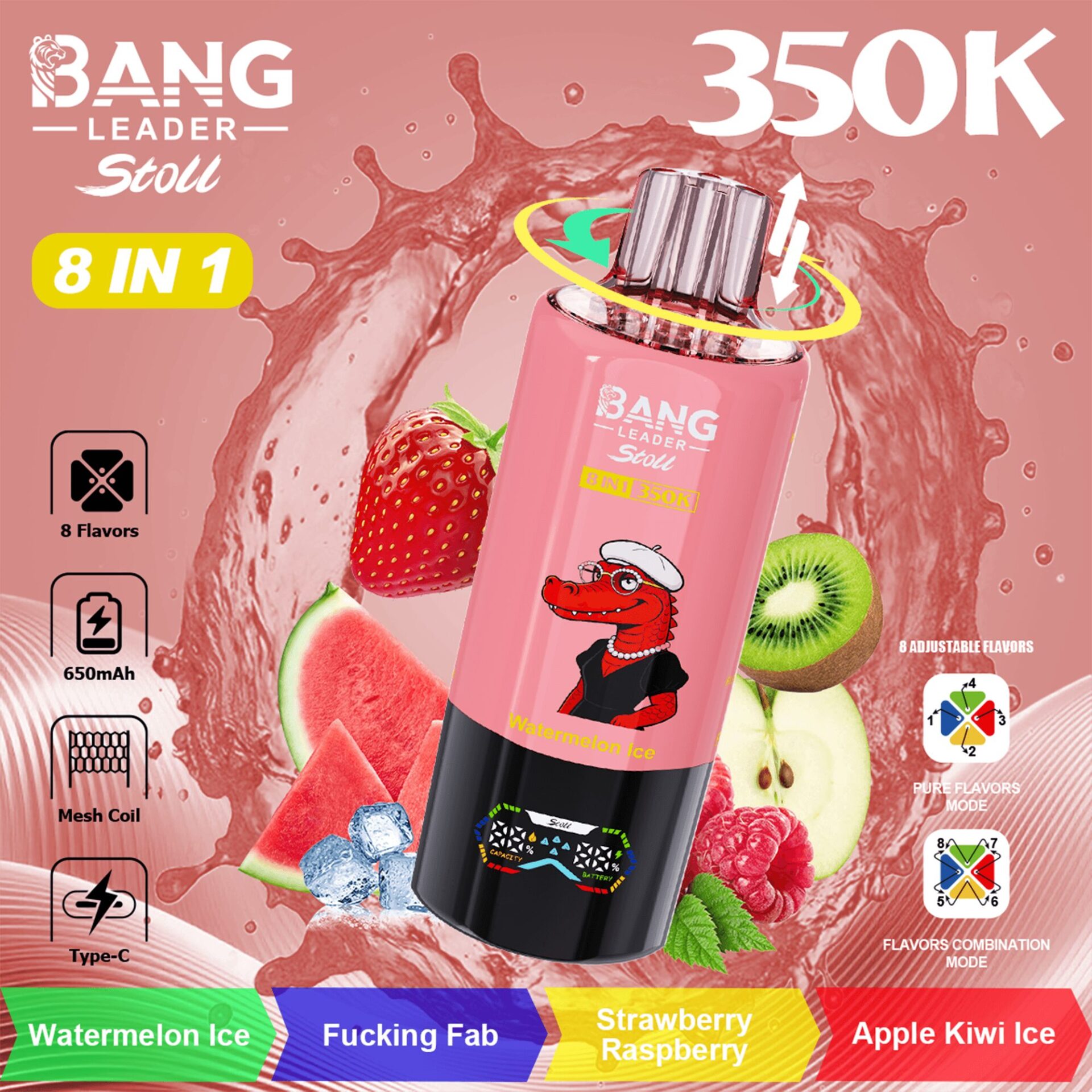 Bouteille cylindrique rose vif étiquetée Bang Leader Stoli 350K avec un graphisme marin-dinosaure, entouré d'éclaboussures de fruits et de couleurs.