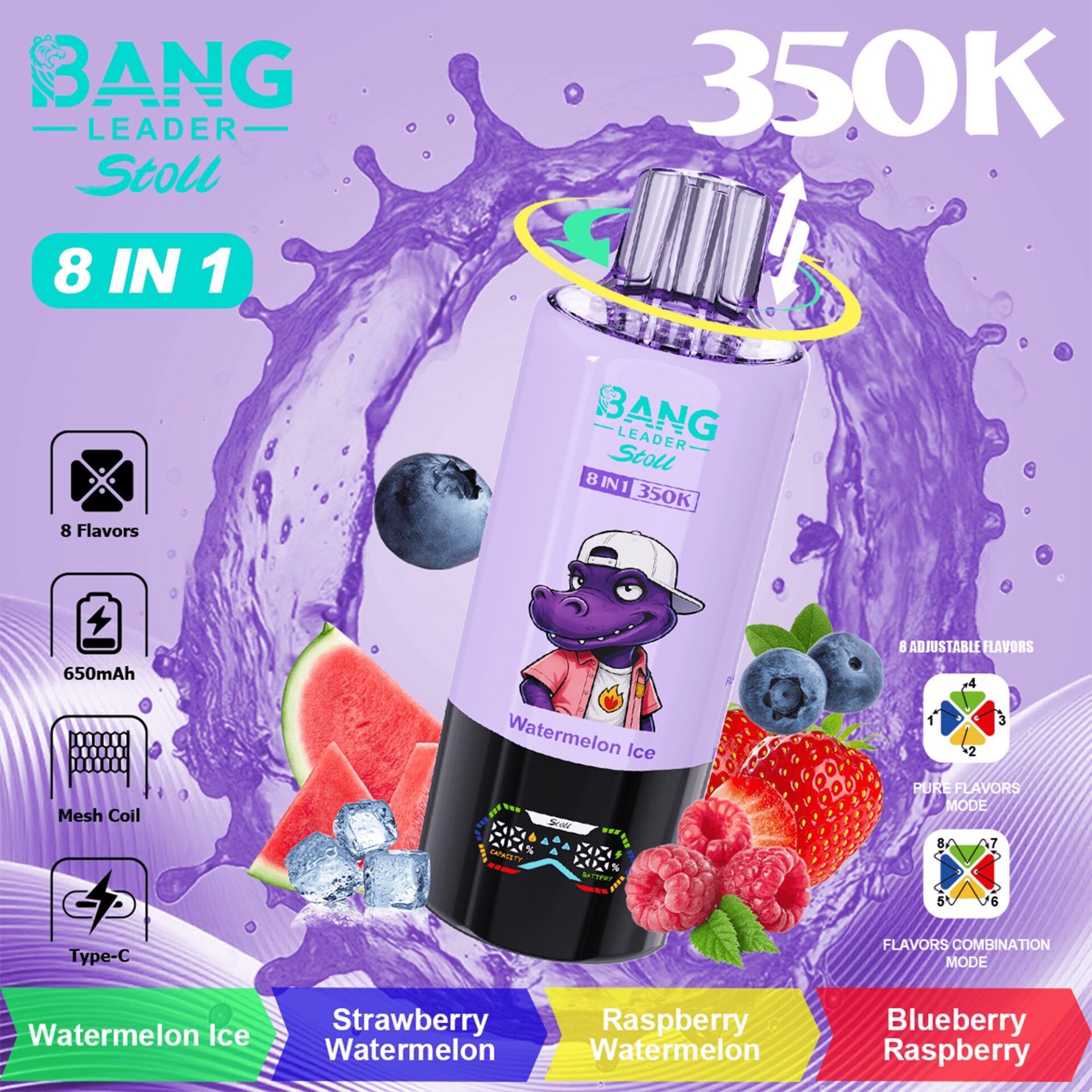 Packaging violet vif pour vape Bang Leader Stoll 8 en 1 avec une mascotte de crocodile de dessin animé, saveur Watermelon Ice, entouré de fruits et d'éclaboussures. Capacité 350K, 650mAh, 8 saveurs.