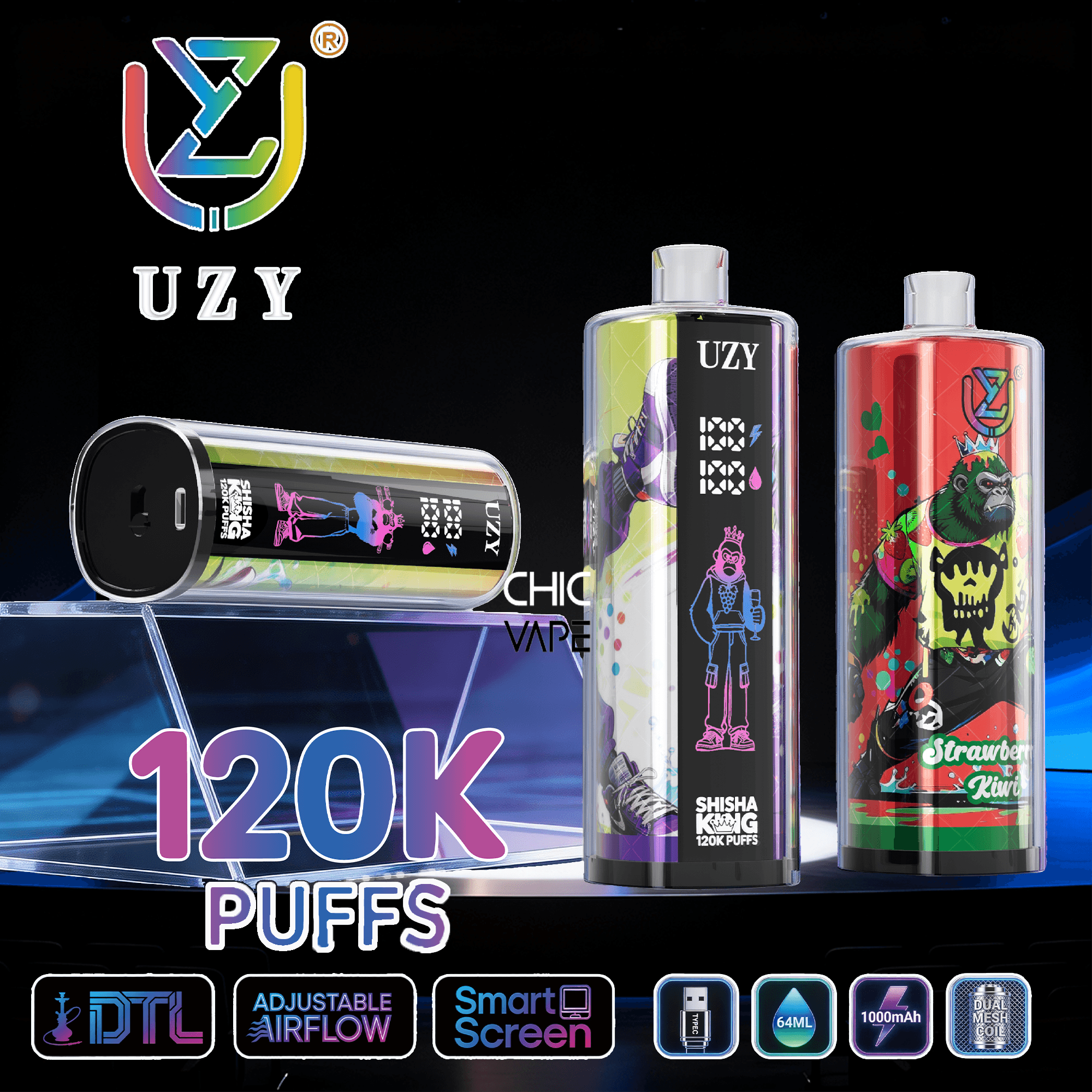 UZY brand vape devices with colorful art on cylindrical pods, featuring “120K PUFFS” and icons at bottom.