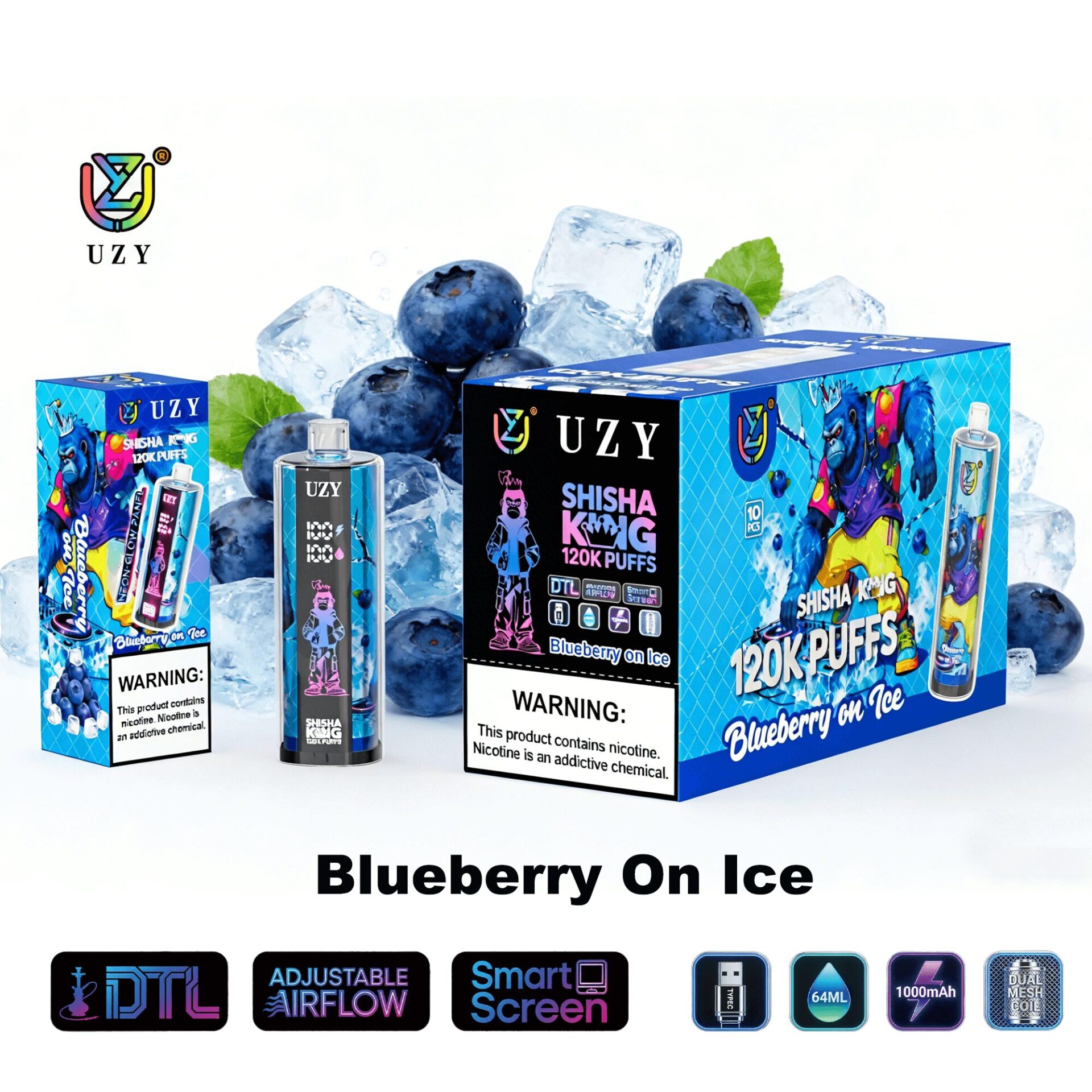 Blueberry on Ice Shisha King 120K Puffs vape kit with blue packaging, ice and blueberries in background, includes device and boxes, warning label visible.
