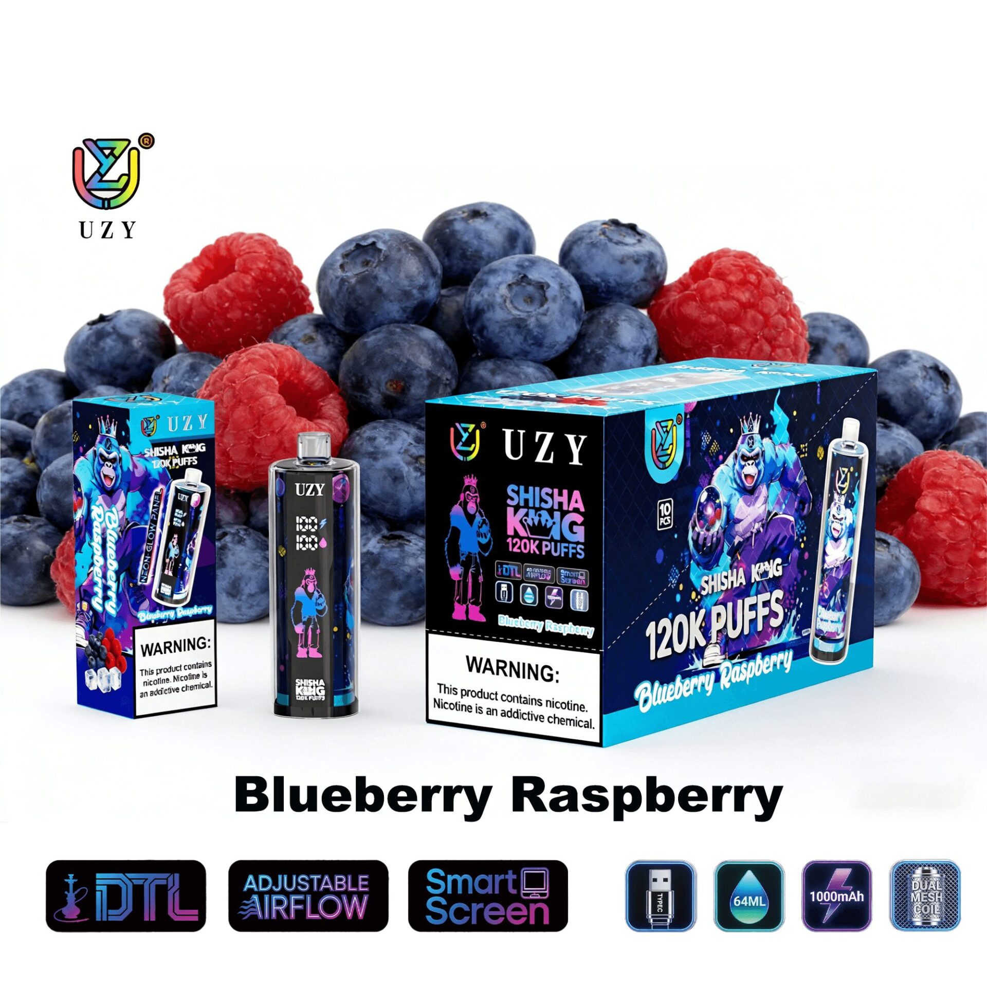 Blueberry Raspberry flavor disposable vape kit by UZY with 120K puffs, shown beside box and bottle, set against blueberries and raspberries.