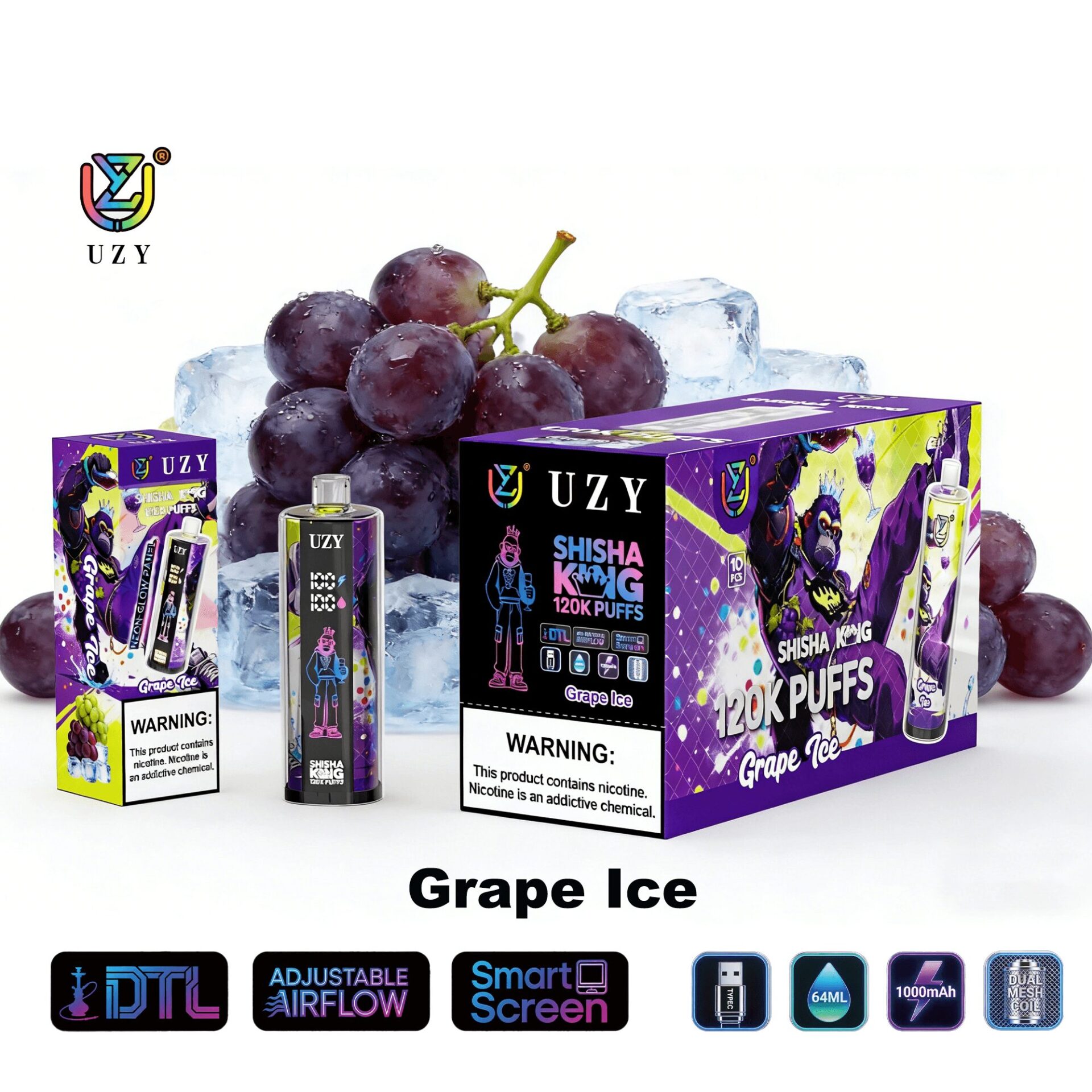 Grape Ice flavor UZY Shisha King 120K Puffs vape boxes and bottle, purple packaging with grapes and ice, set against grapes and ice cubes.