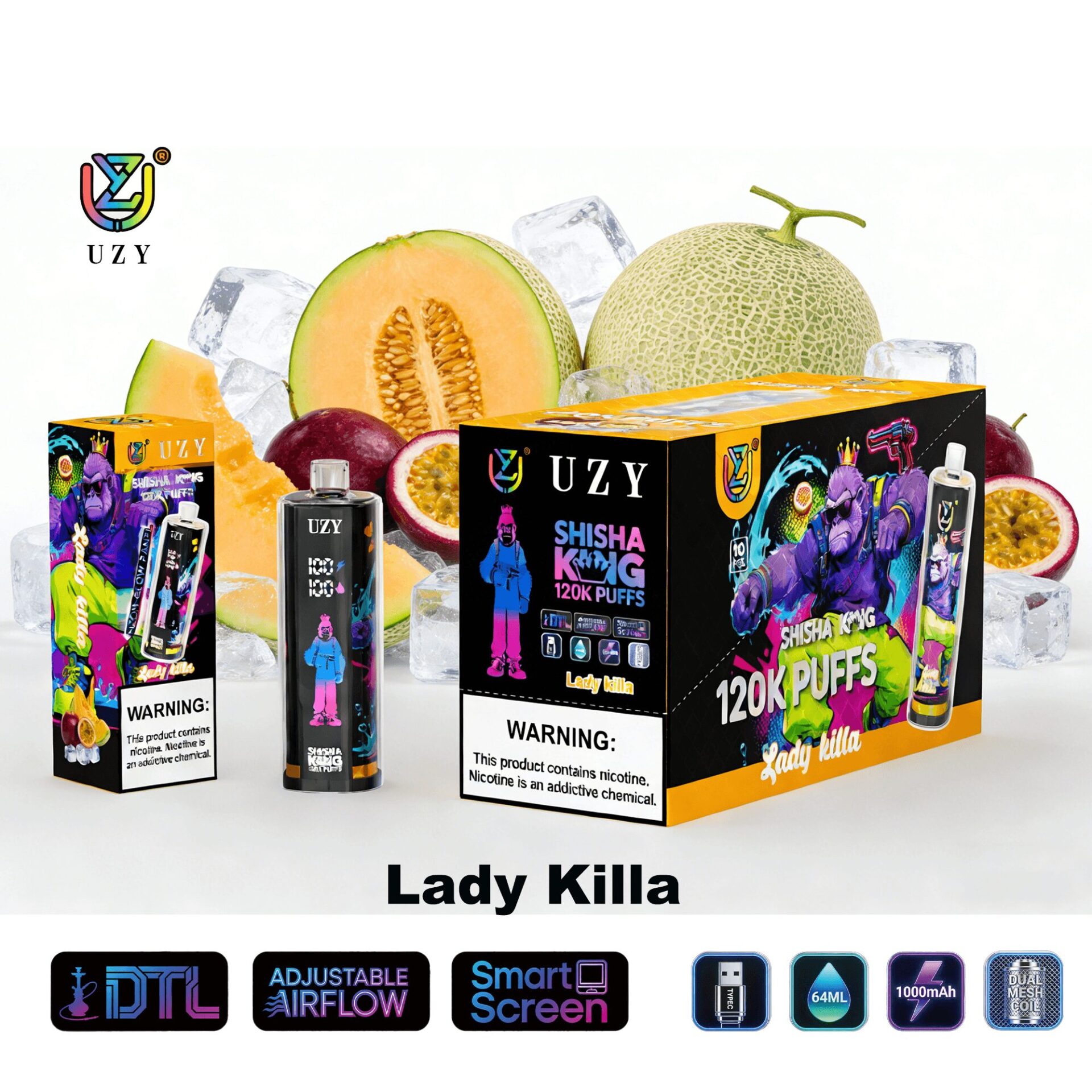 Lady Killa disposable vape with 120K puffs, colorful packaging featuring neon characters; includes 2 boxes and a device, fruit background.