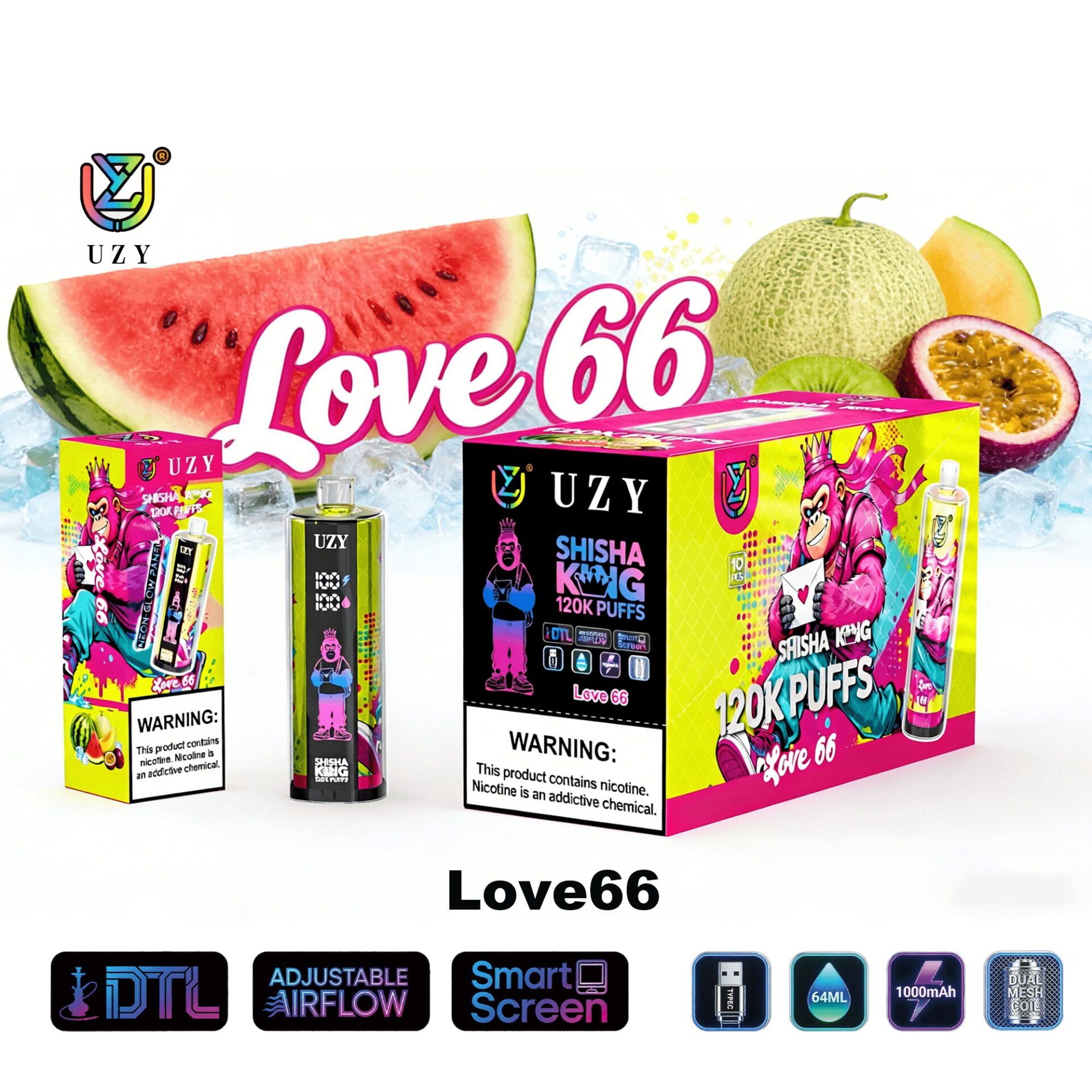 Colorful Love66 shisha puff product package with bright pink Monkey graphic, bottle and box designs, fresh fruit background (watermelon, melon, passionfruit) and ice.