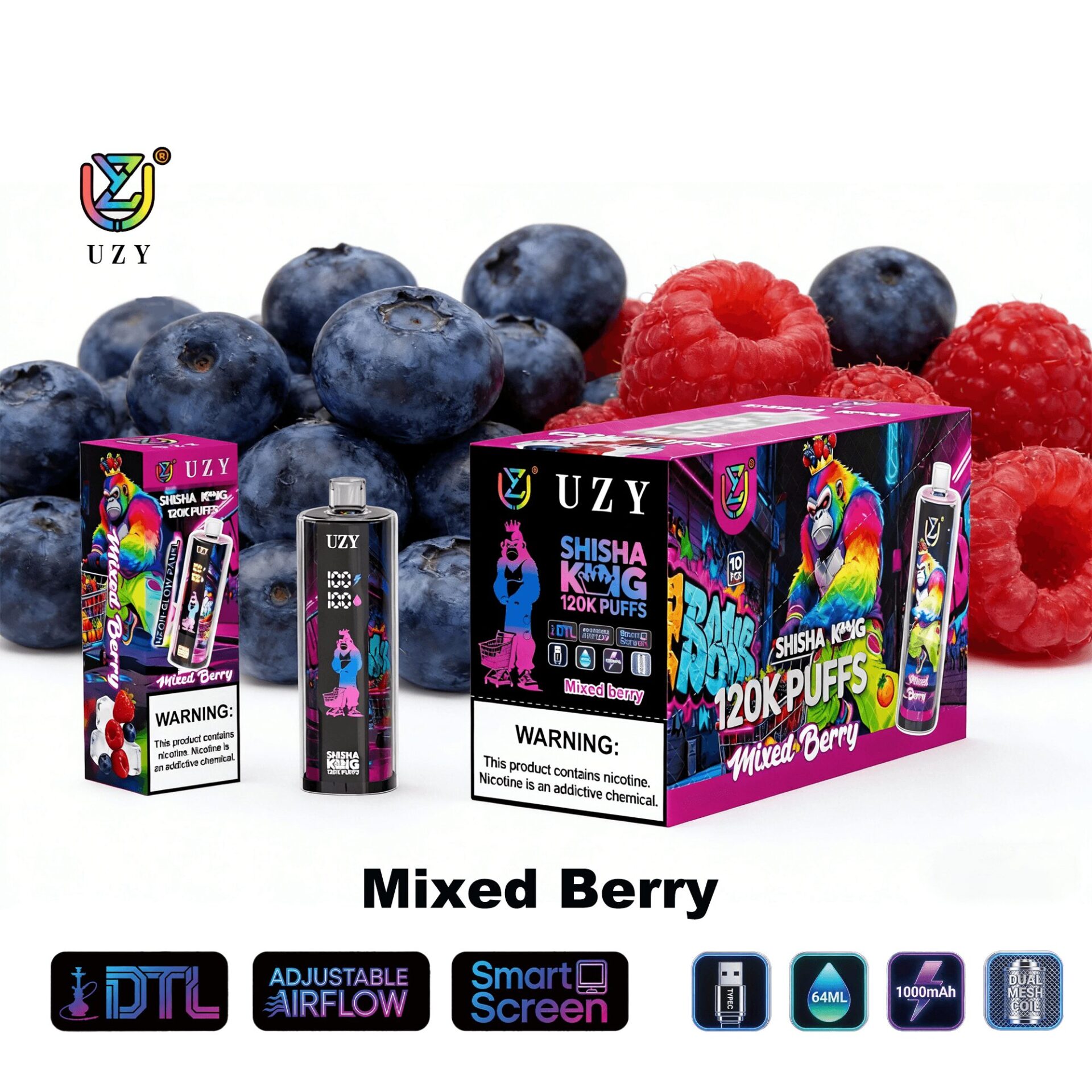 UZY Mixed Berry shisha vape product set with colorful packaging and berries background (blueberries and raspberries).