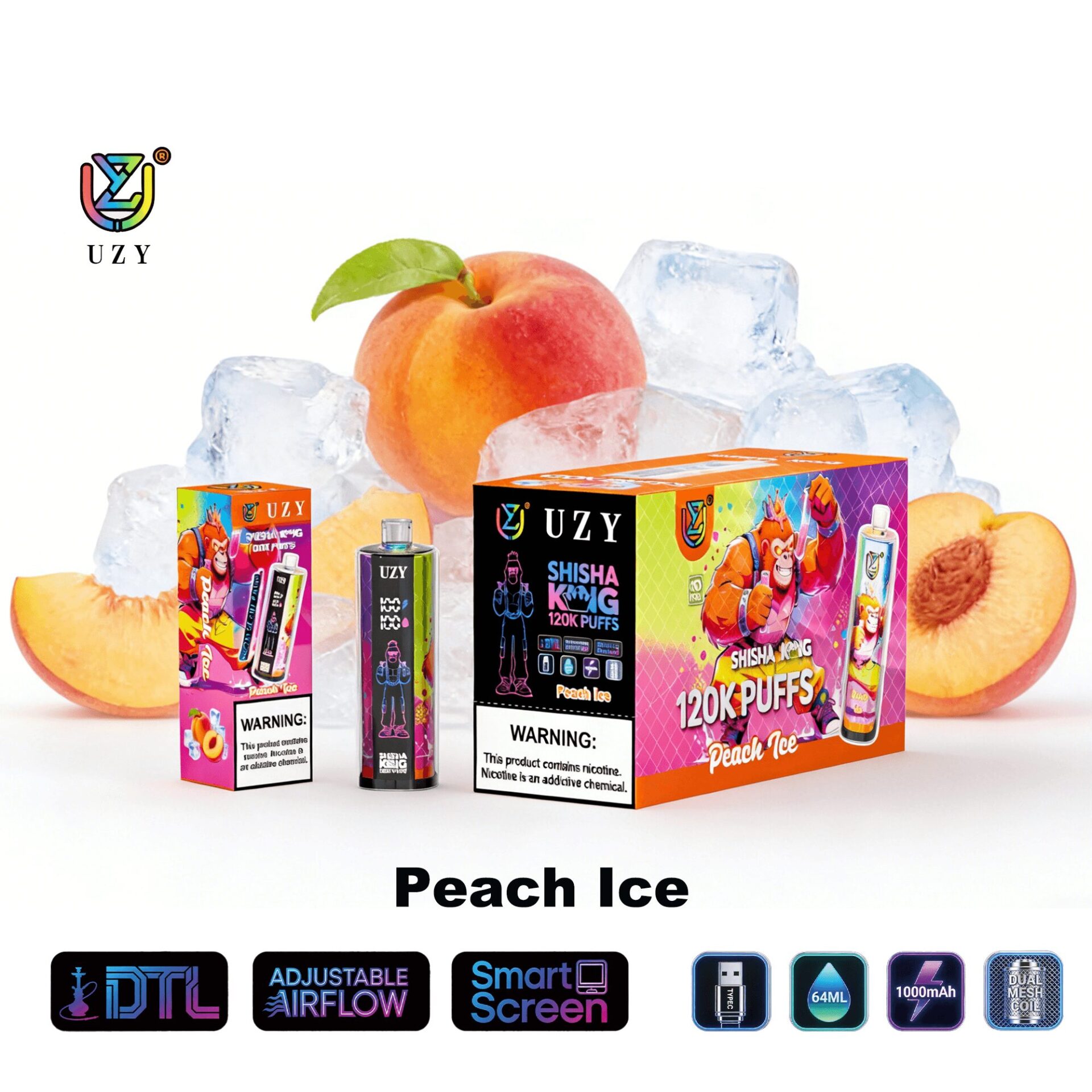 Peach Ice flavor vape box set with ice cubes, peaches, and UZY branding; includes assorted boxes and a handheld vape device.