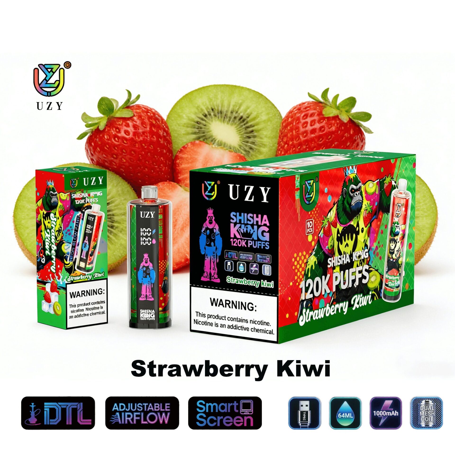 Strawberry Kiwi UZY vape product set with colorful packaging, featuring a green box and a black box, alongside a bottle and a kiwi-strawberry design, against fresh fruit background.