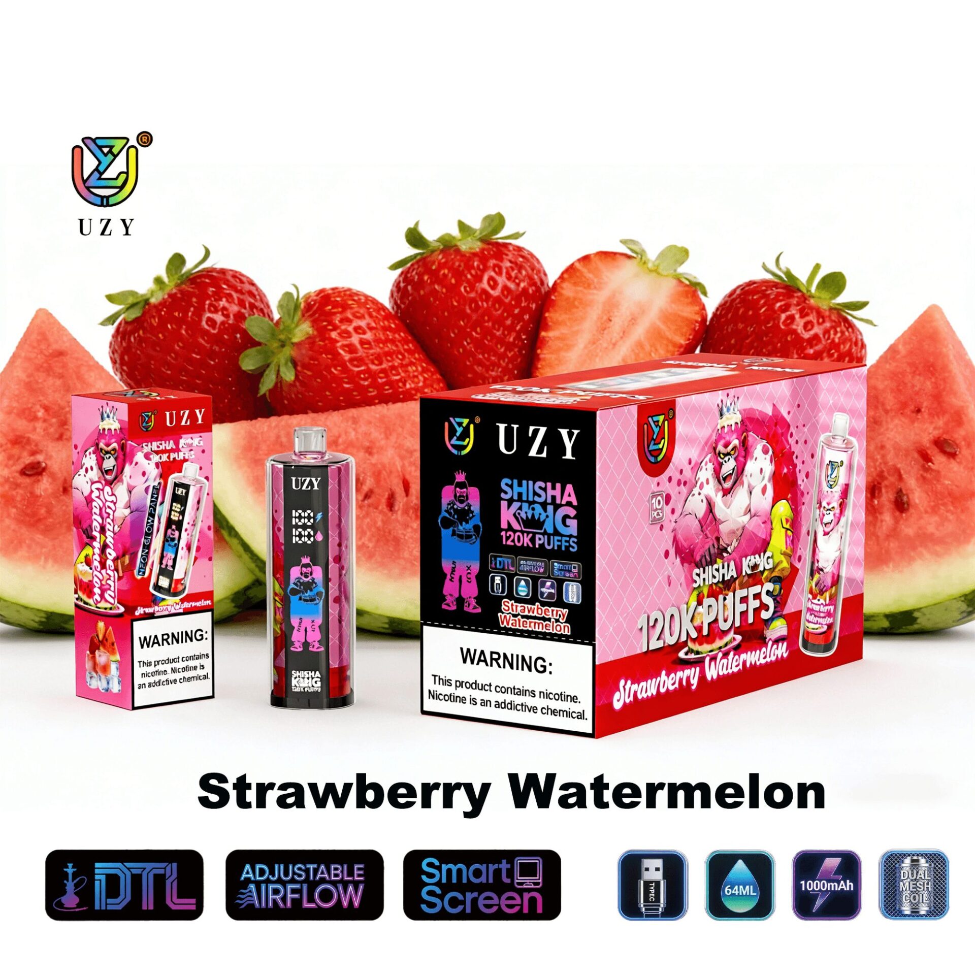 Strawberry Watermelon disposable vape kit by UZy, featuring a pink box with strawberry graphics, a black-and-pink device, and a larger 120K Puffs box, set against sliced watermelon and whole strawberries.