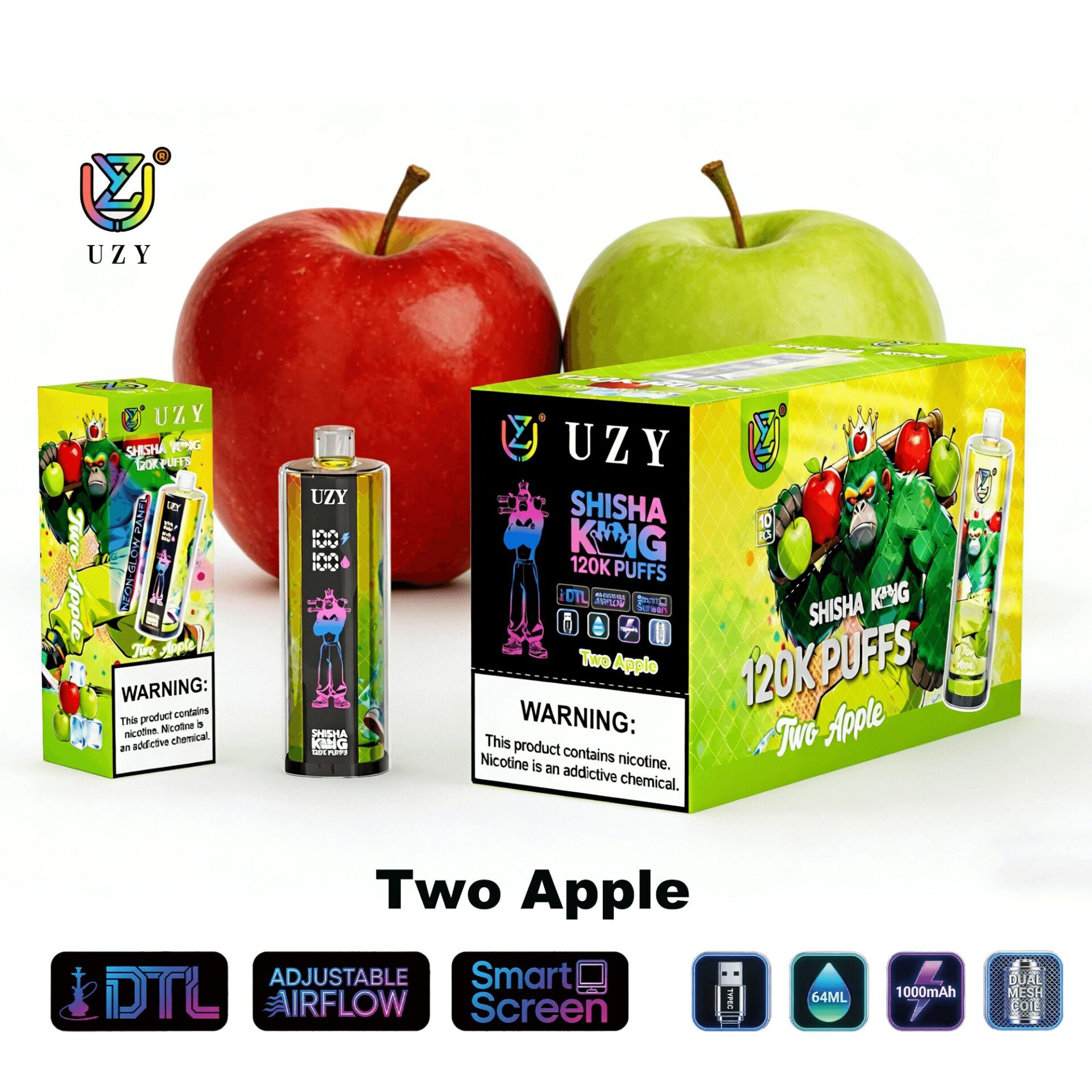 Two Apple flavored UZY Shisha King products: a bright green box and a smaller boxed set with a vape device, placed in front of a red and a green apple, against a white background.