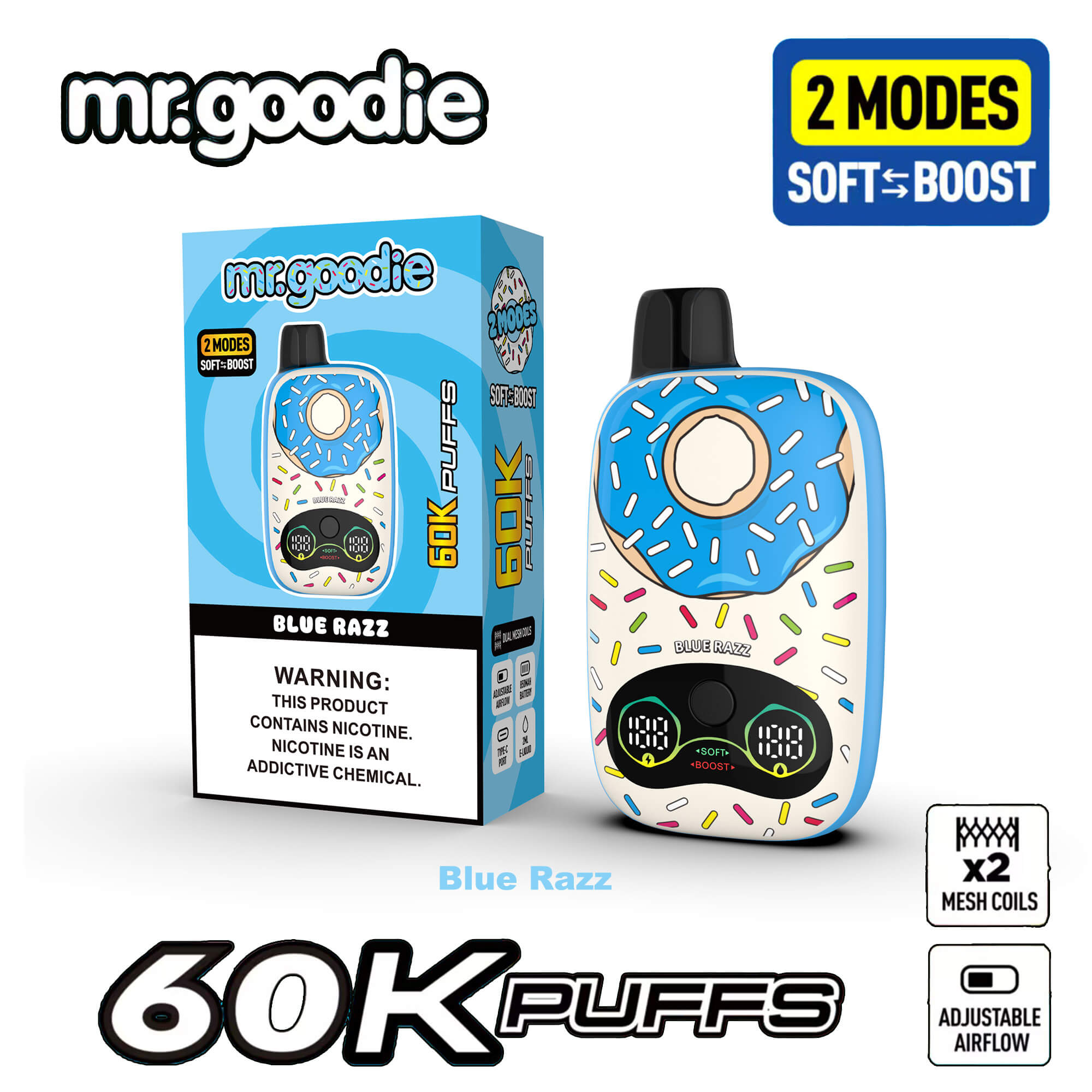 Blue doughnut-patterned vape device and box labeled Mr. Goodie 60K Puff with 2 modes soft-boost, showing mesh coils and adjustable airflow; flavor Blue Razz.