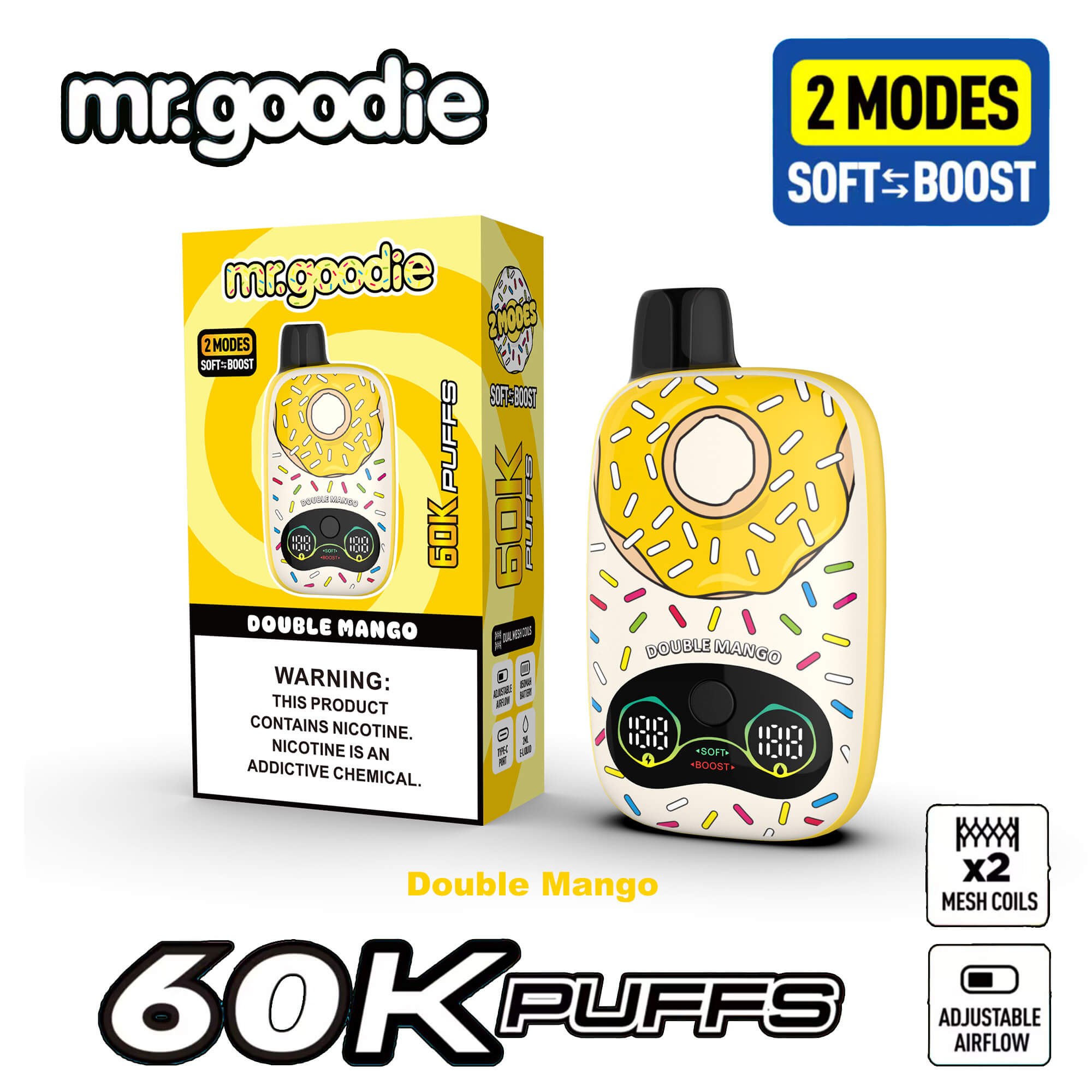 mr.goodie Double Mango disposable vape device with donut pattern, yellow box, and "60K Puffs" branding, showing soft‑boost two modes and mesh coils