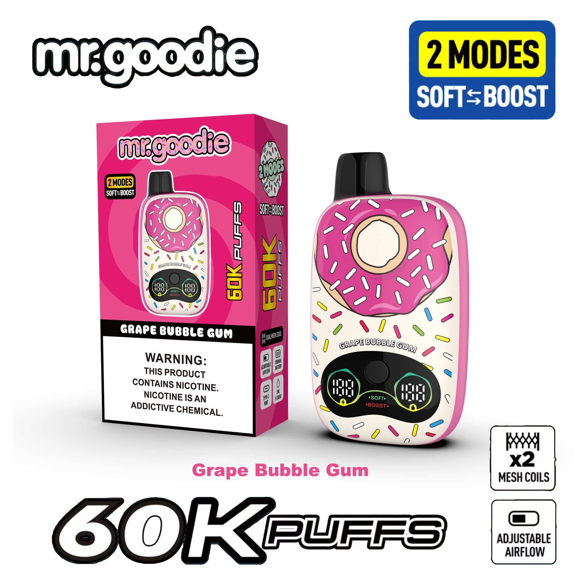 Grape bubble gum flavored Mr. Goodie vape device with donut design, pink box, shows 2 modes Soft/Boost, 60K puffs, mesh coils, adjustable airflow.