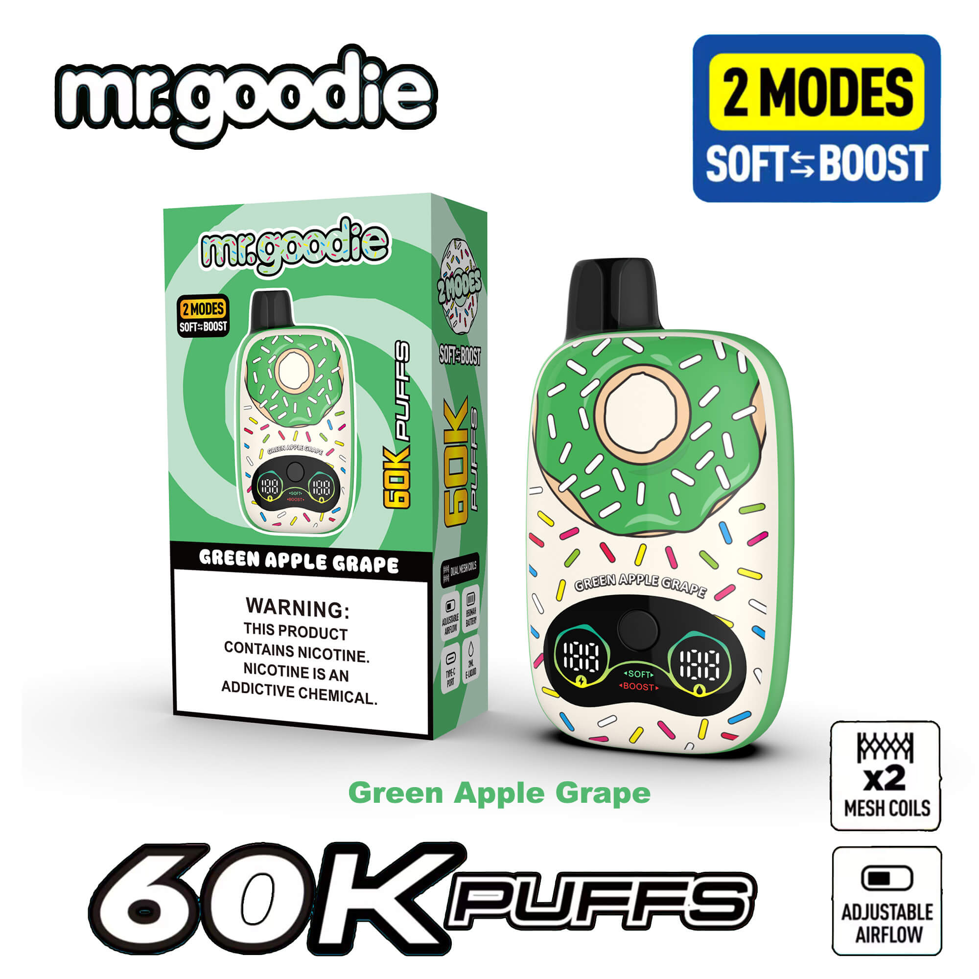 Green Apple Grape mr.goodie 60K Puff disposable vape with 2 modes Soft Boost, donut design, boxed packaging and mesh coils, adjustable airflow, nicotine warning.