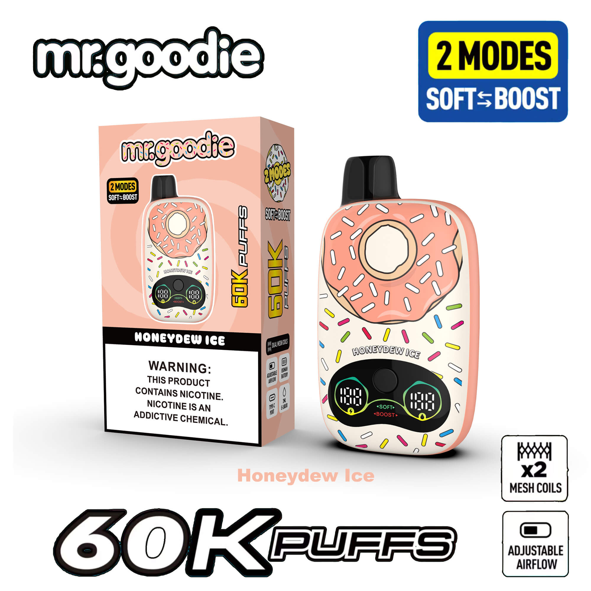 Donut-themed Mr. Goodie vape device with pink frosting donut design and digital screen, packaged beside it, labeled Honeydew Ice, 60K Puffs.
