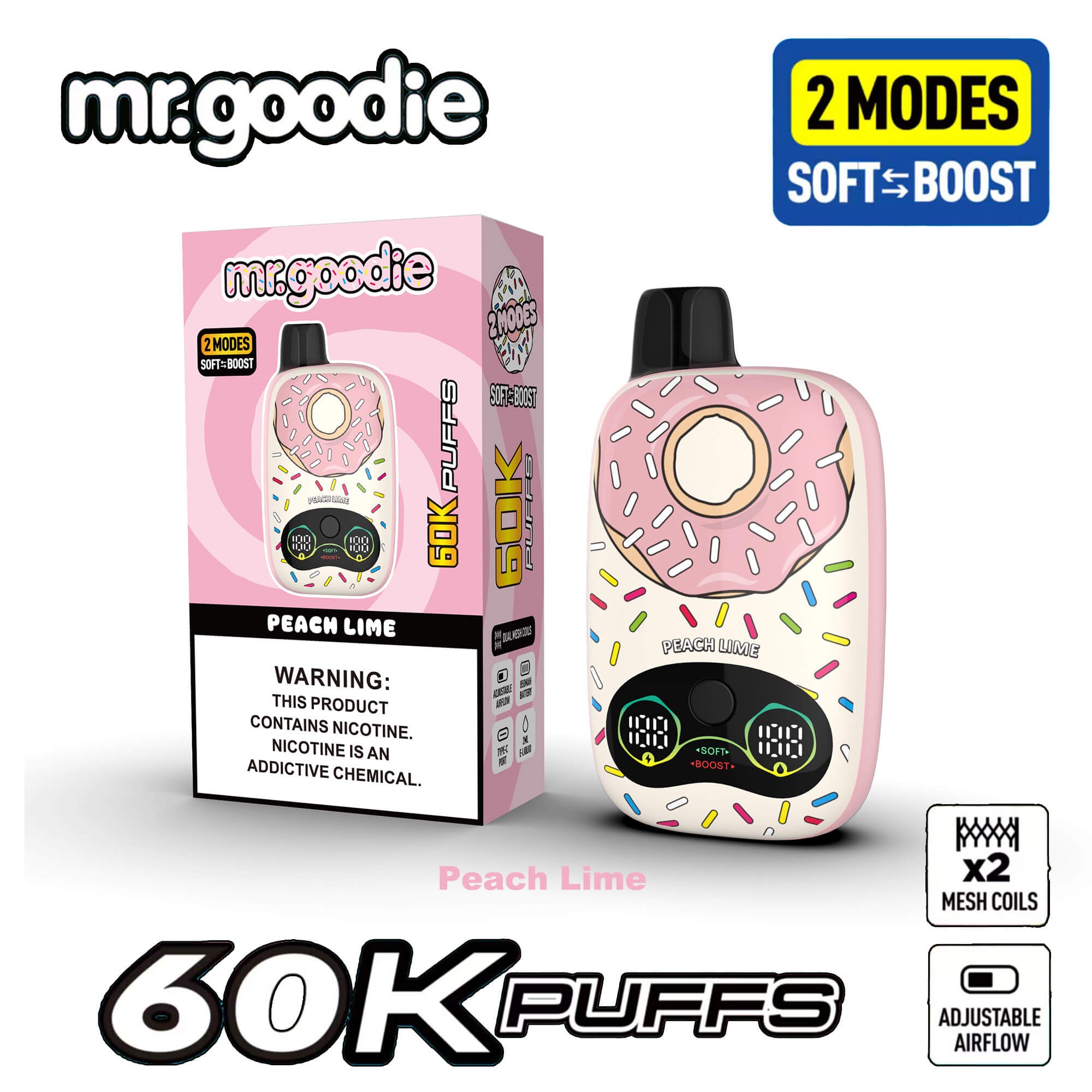 Mr.goodie Peach Lime vape device with donut design, shown with pink box and “60K PUFFS” branding, soft/boost mode indicators, and mesh coil icons.