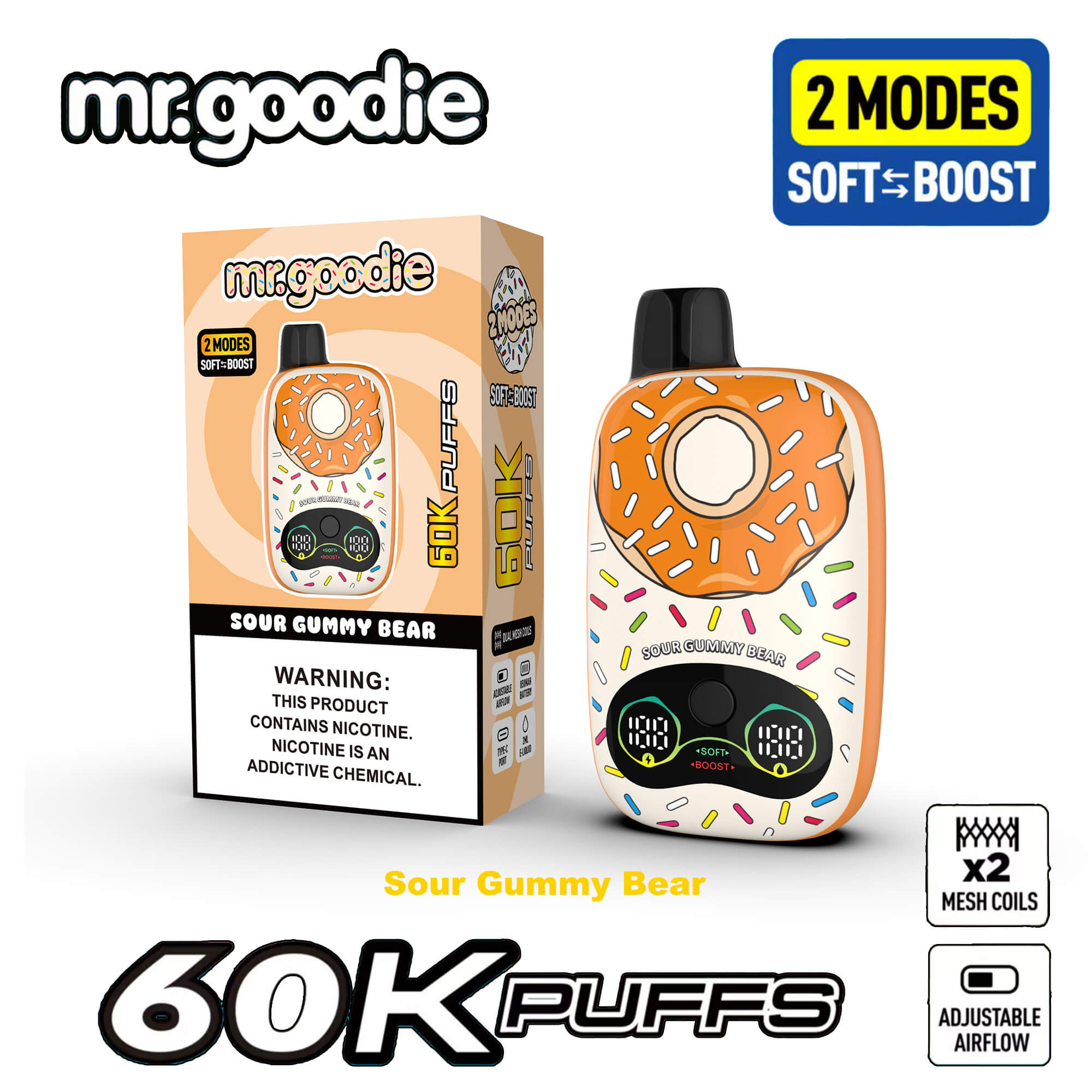 Sour Gummy Bear vape device by Mr. Goodie with donut-themed orange shell, display screen, and USB-like box design; features 60K puffs, 2 mesh coils, adjustable airflow.