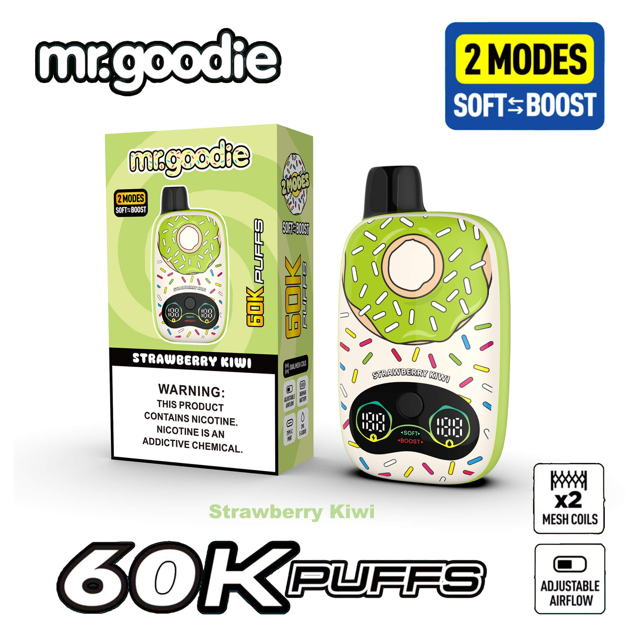 Strawberry Kiwi Mr. Goodie 60K Puffs vape device with green donut design, displaying dual mode Soft Boost, mesh coil, adjustable airflow; includes packaging.
