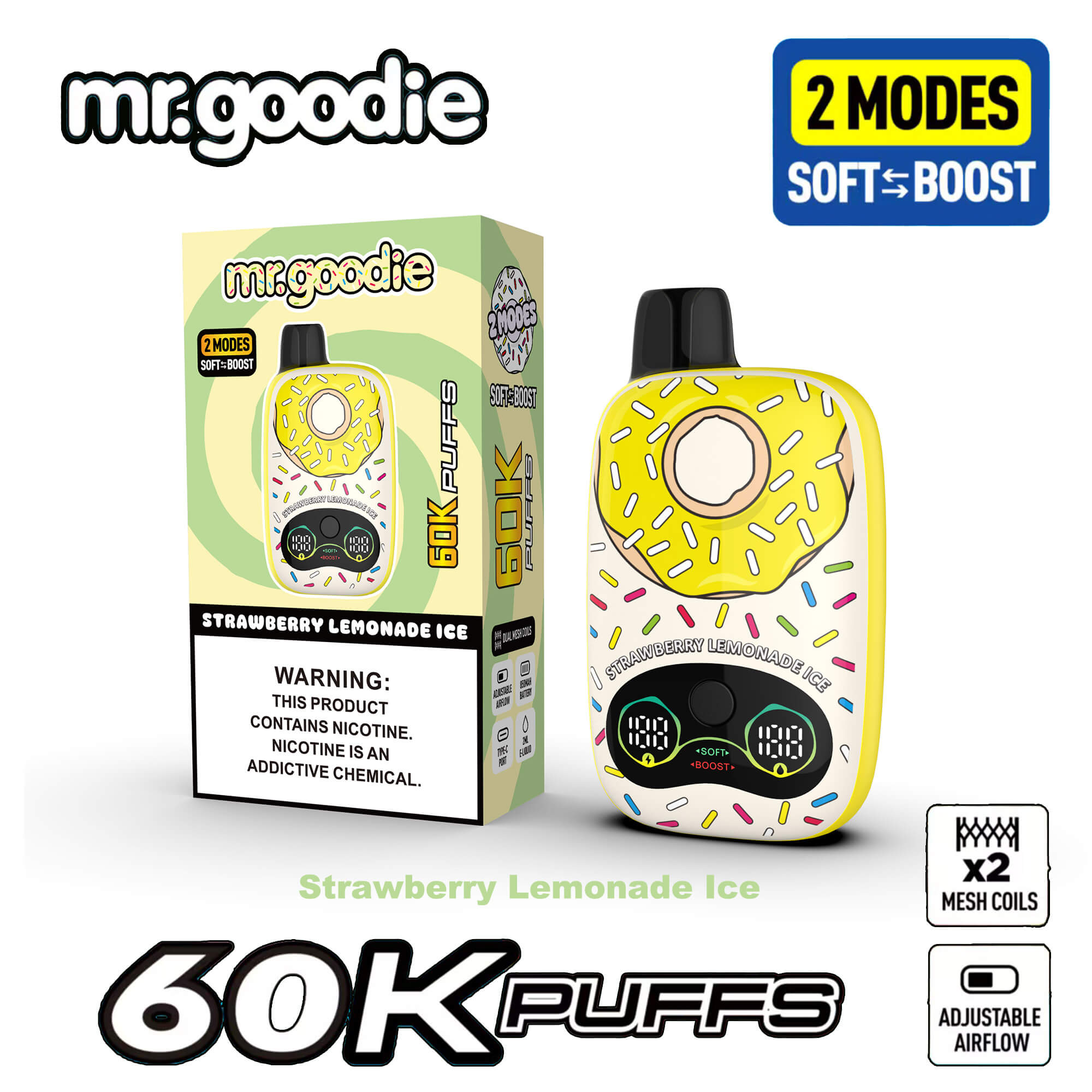 Strawberry lemonade ice flavored Mr. Goodie 60K Puffs disposable vape with donut-pattern yellow design, boxed packaging, two mesh coils, adjustable airflow icon, and Soft Boost 2 modes logo.