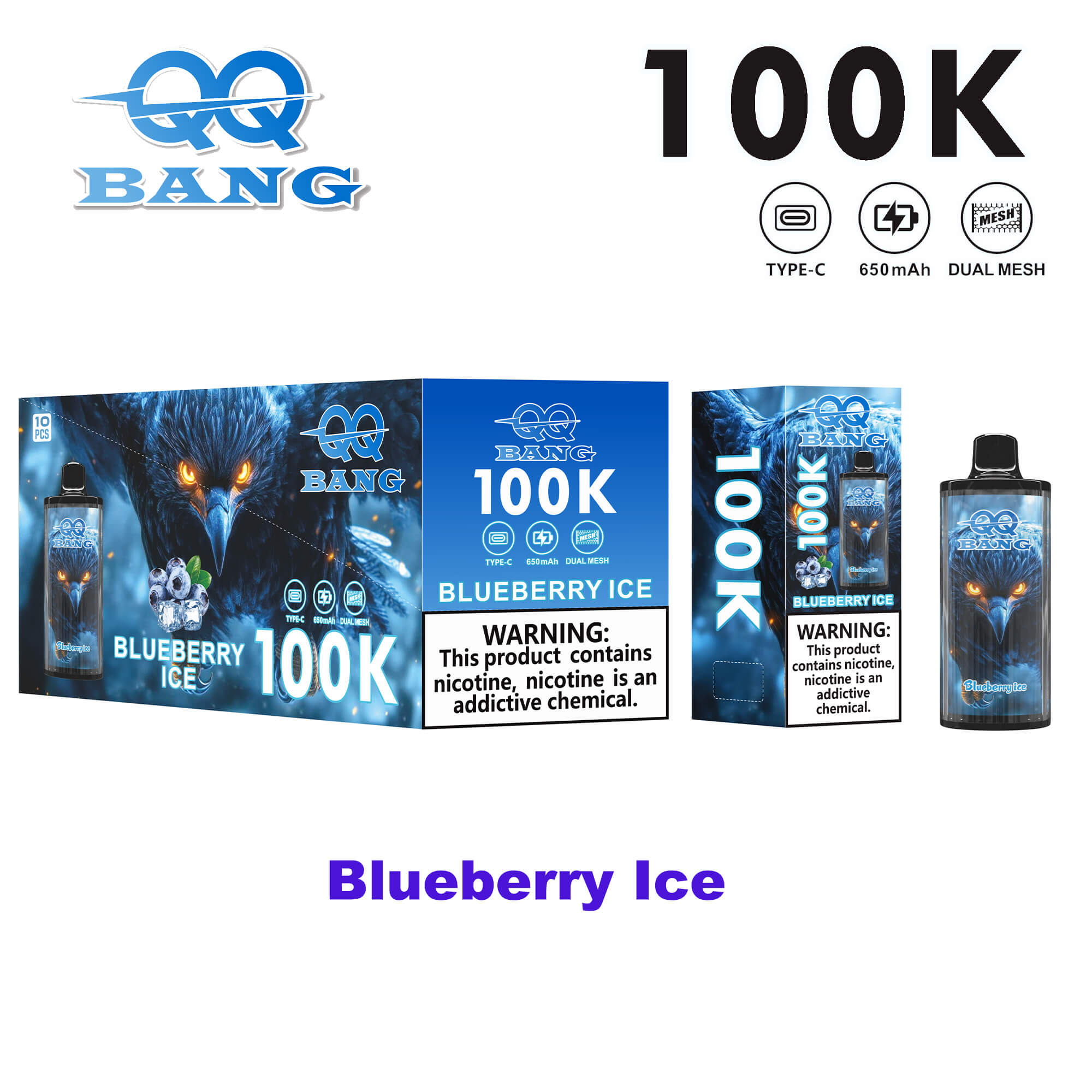 Blueberry Ice Vape 100K 100000 labeled packaging and bottle with a blue ice-themed design, showing a 100K nicotine product by QQ Bang; includes warning label.