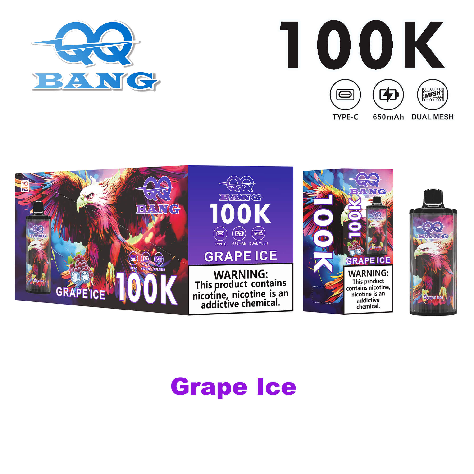 Bang 100K Grape Ice vape box and bottle set with colorful dragon artwork and warning label, featuring 100K branding and 650 mAh Type-C dual mesh.