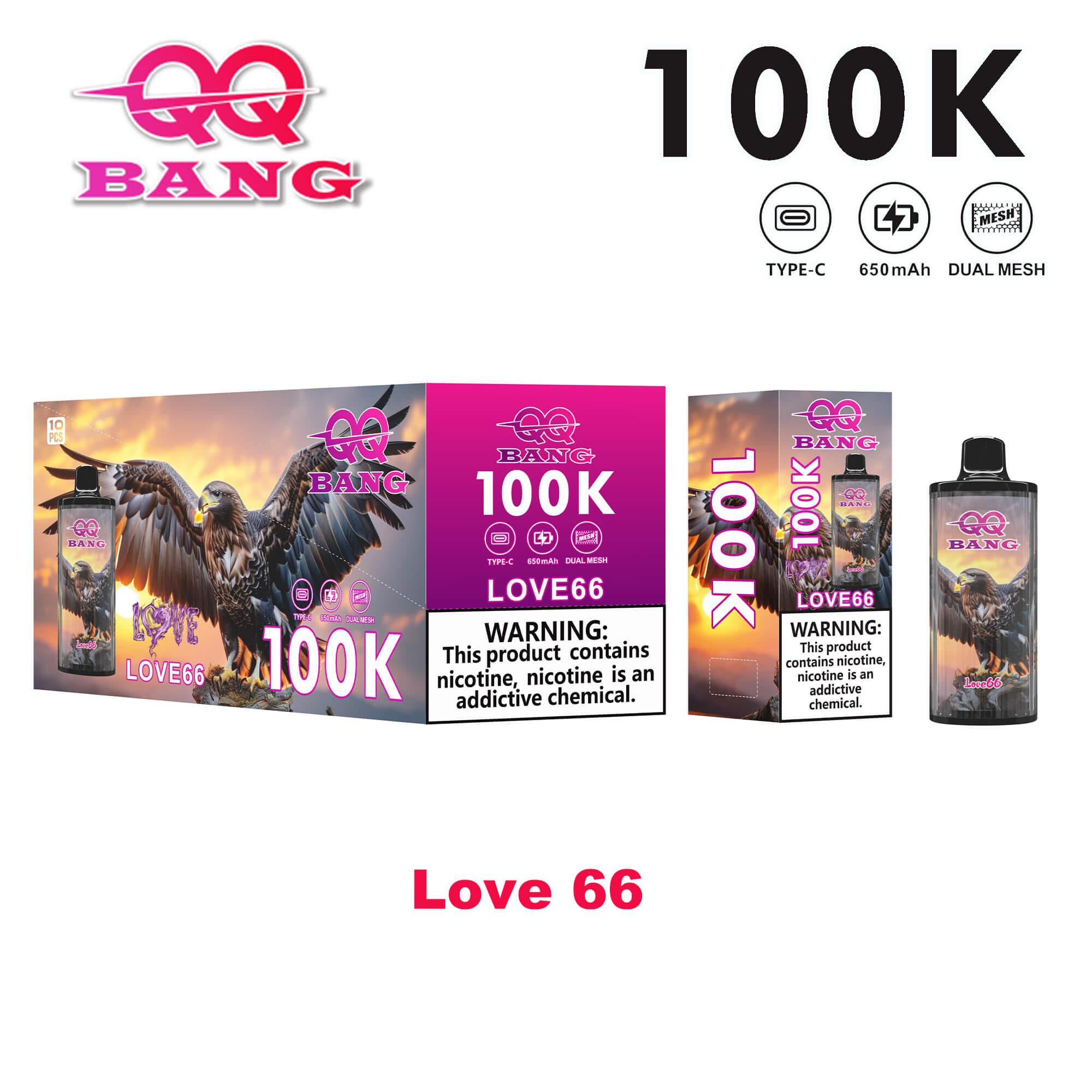 100K Love66 e-liquid box and bottles featuring a phoenix motif, pink and purple branding, warning label, and a separate 100K bottle beside a display box