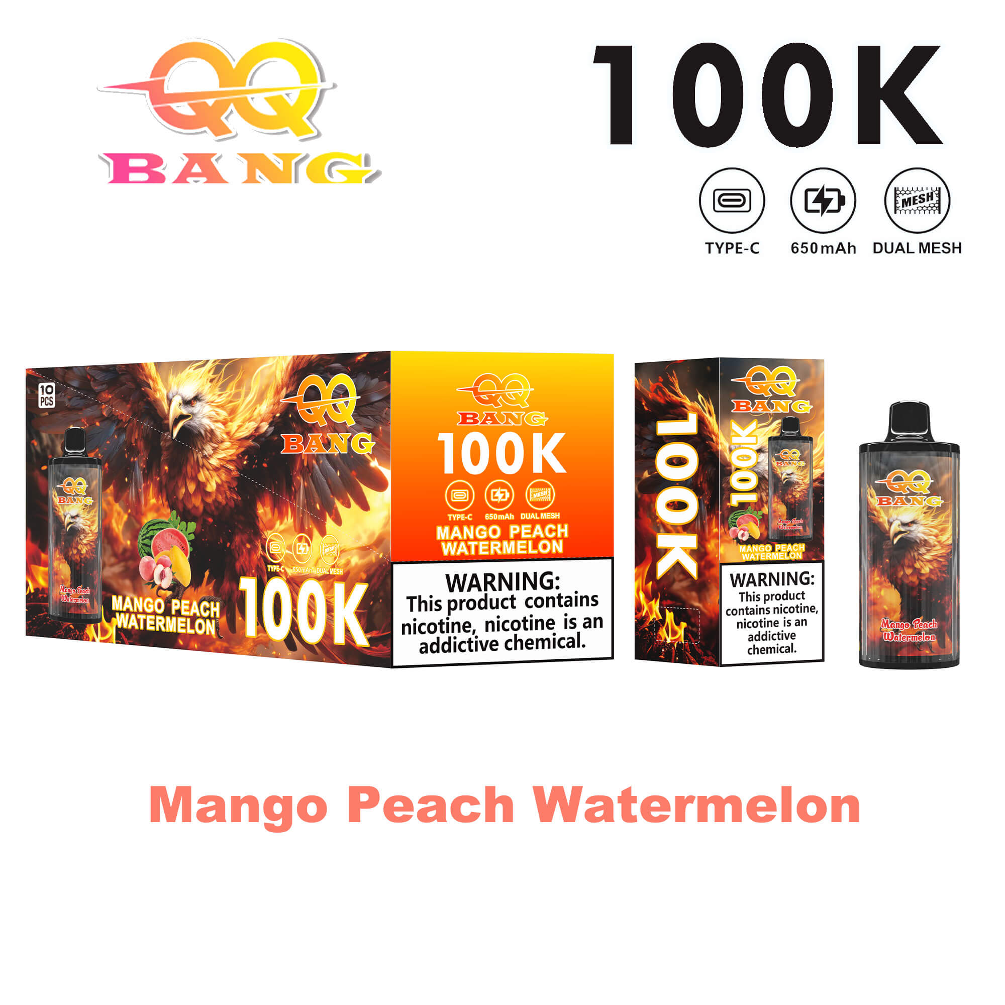 Mango Peach Watermelon IQ 100K vape juice box and bottle with fiery eagle artwork and bold 100K label, plus warning text about nicotine.