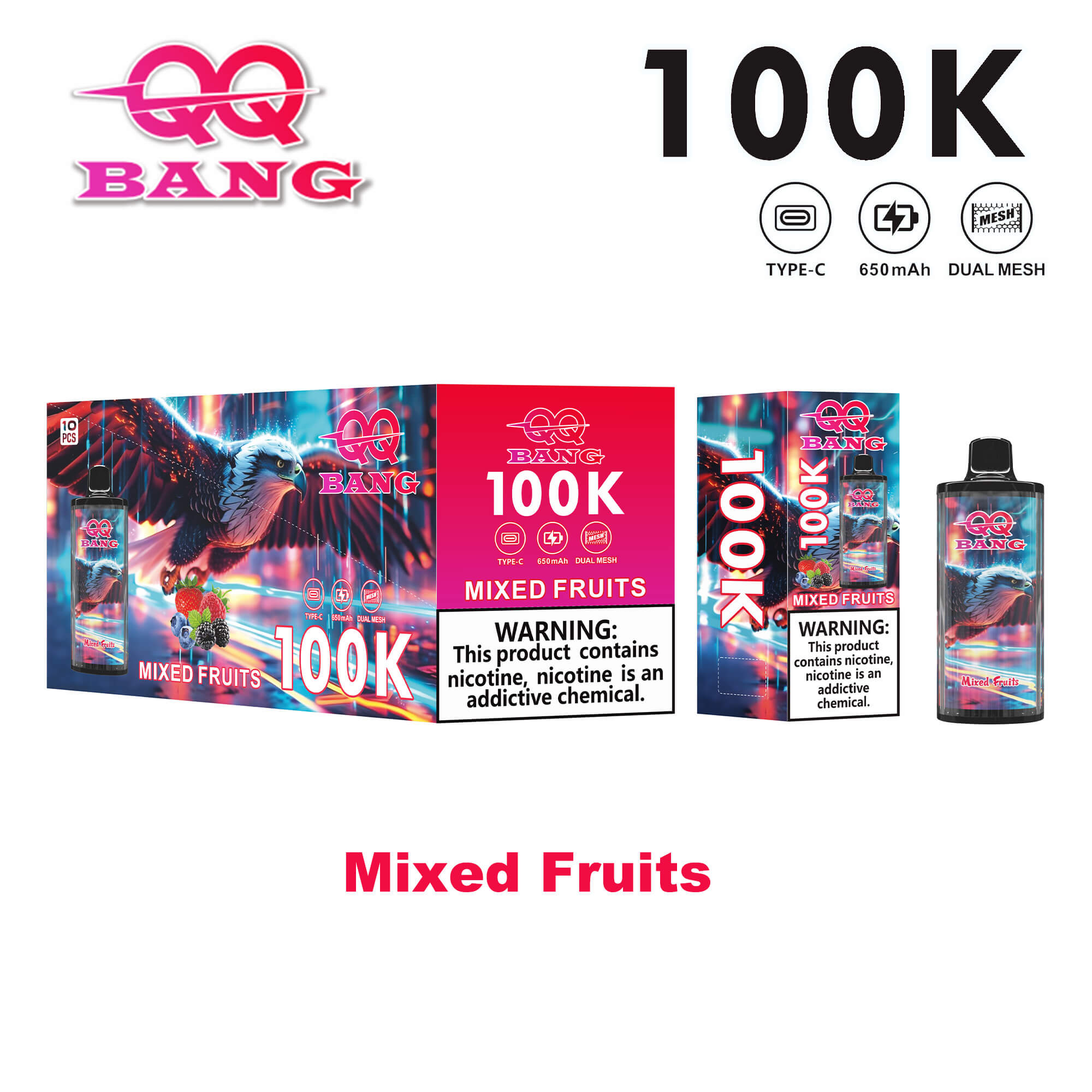 100K Mixed Fruits vape packaging with colorful artwork, showing a bottle and box labeled 100K Mixed Fruits, warning label, and QQ Bang branding.