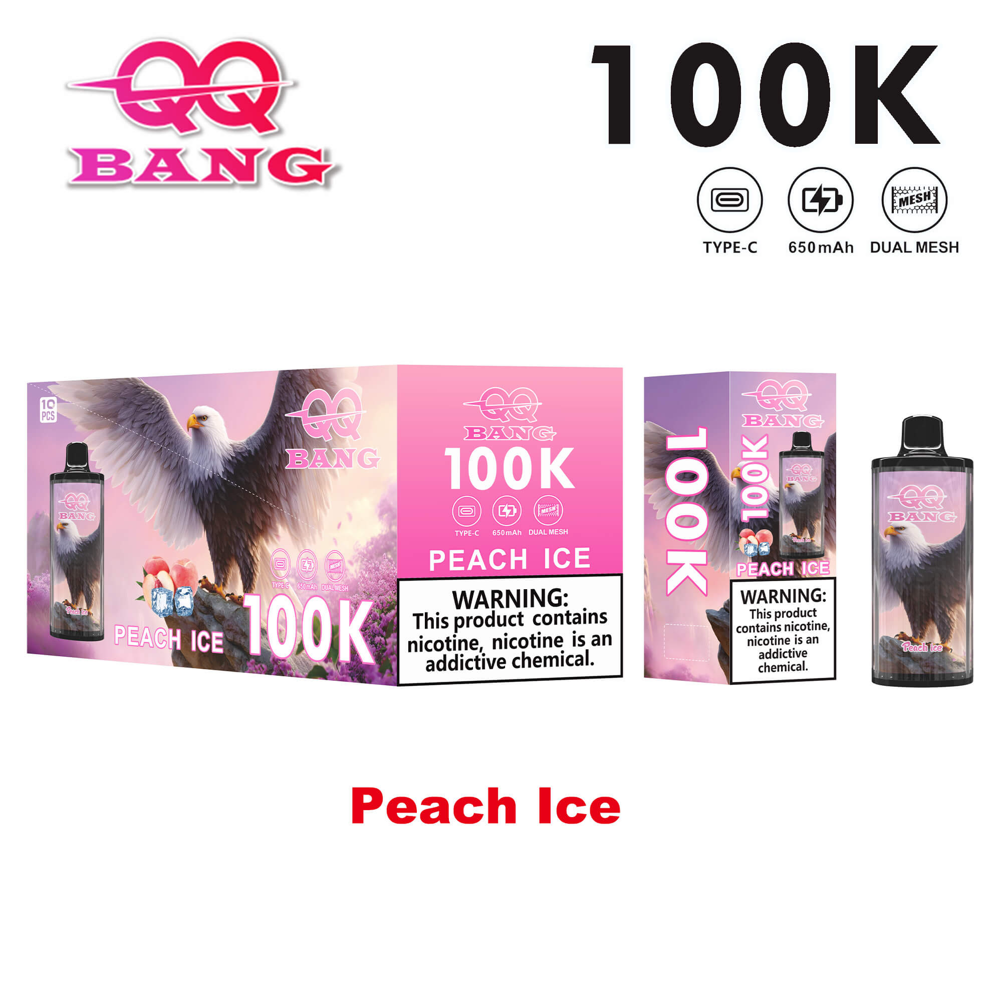 Peach Ice IQ 100K vape kit packaging featuring pink-purple gradient with a white eagle, shows 100K branding, bottle, and warning label.